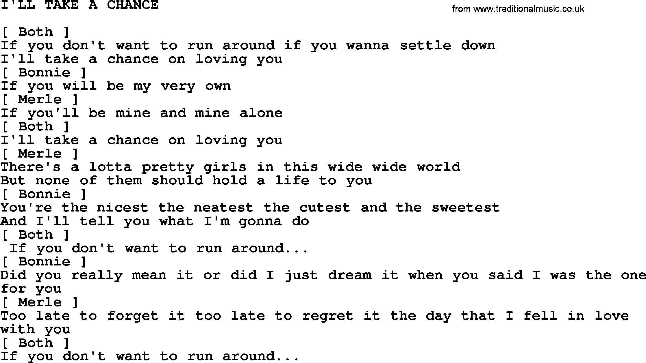 Merle Haggard song: I'll Take A Chance, lyrics.