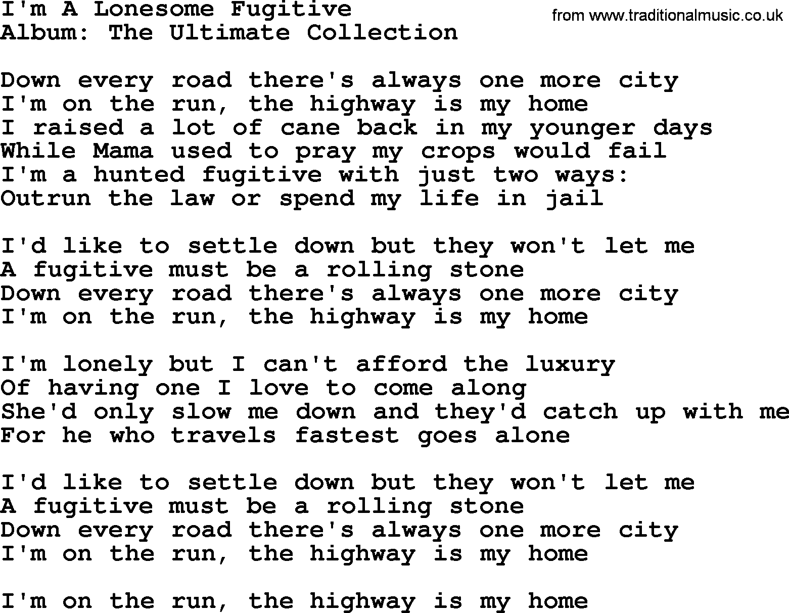 Merle Haggard song: I'm A Lonesome Fugitive, lyrics.