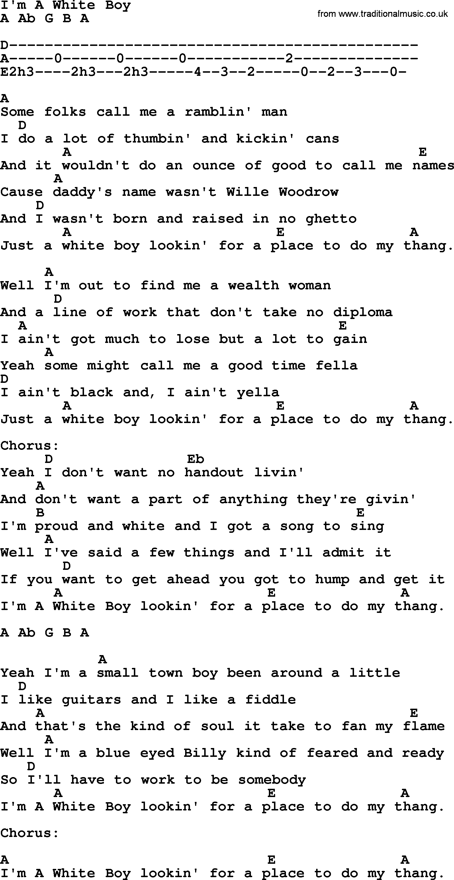 Merle Haggard song: I'm A White Boy, lyrics and chords