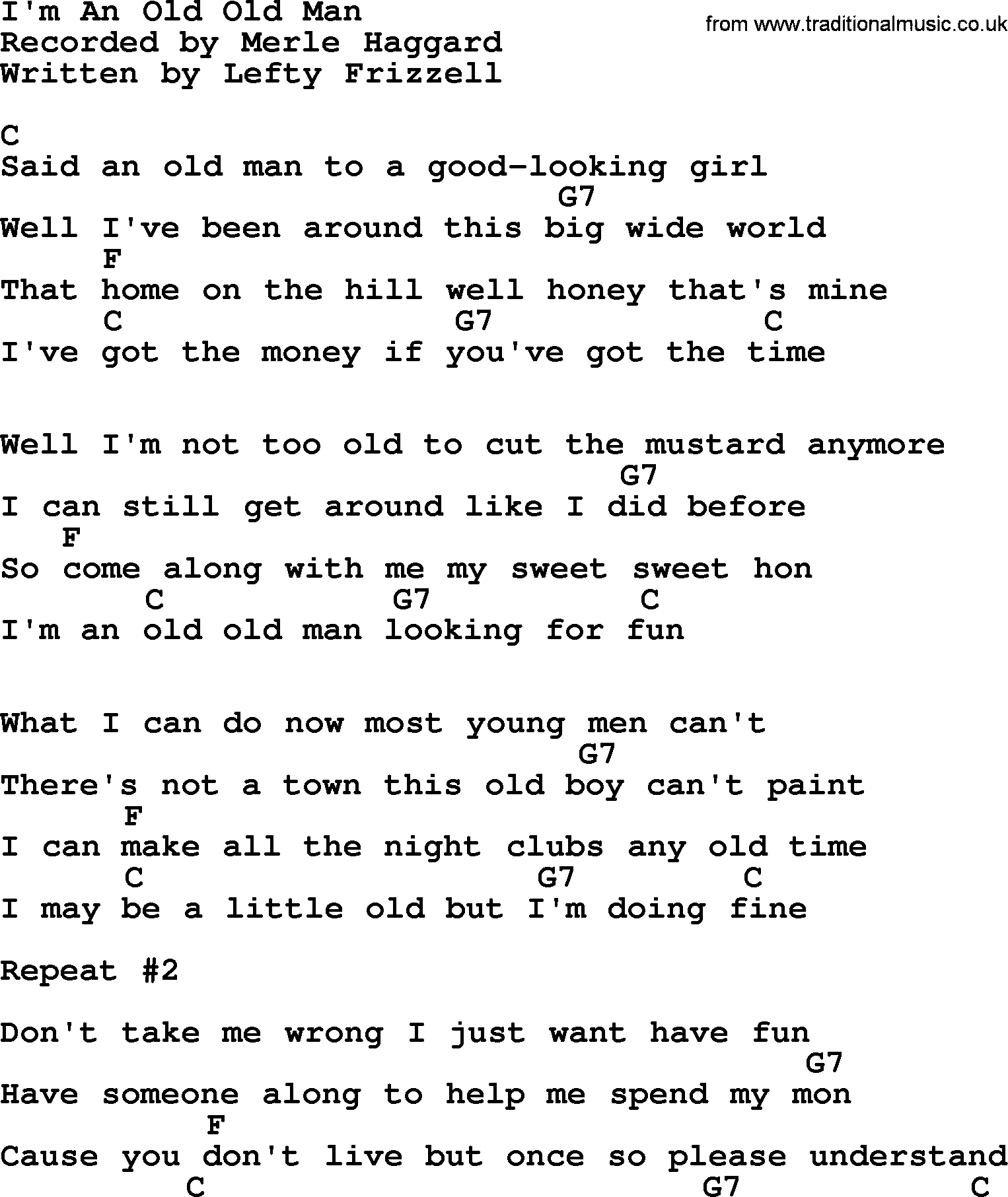 Merle Haggard song: I'm An Old Old Man, lyrics and chords