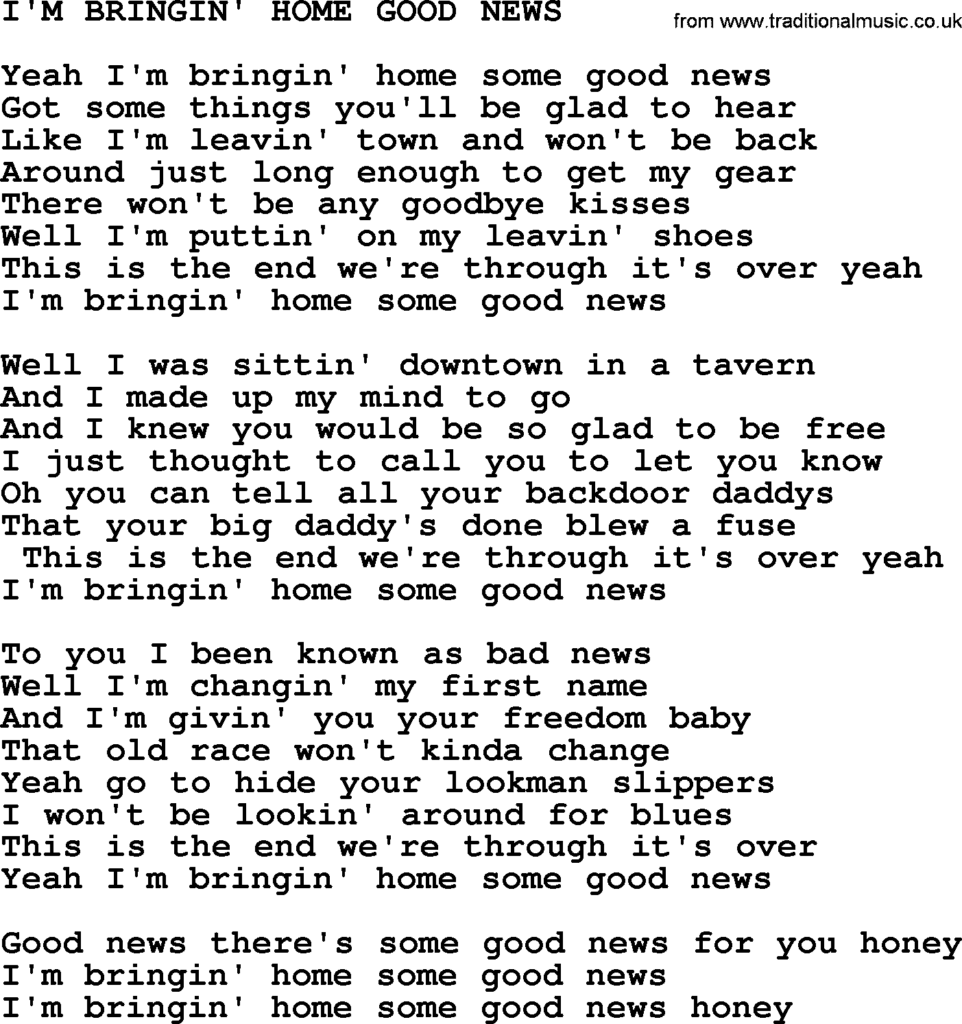 Merle Haggard song: I'm Bringin' Home Good News, lyrics.