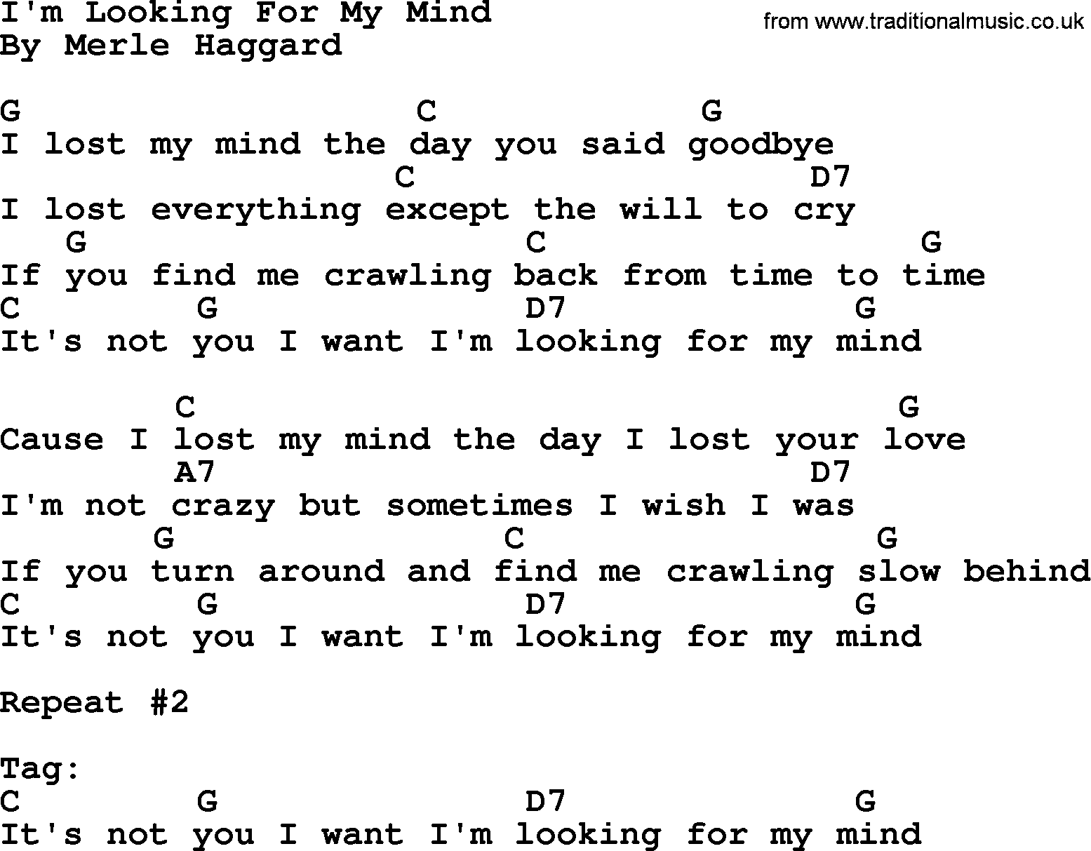 Merle Haggard song: I'm Looking For My Mind, lyrics and chords