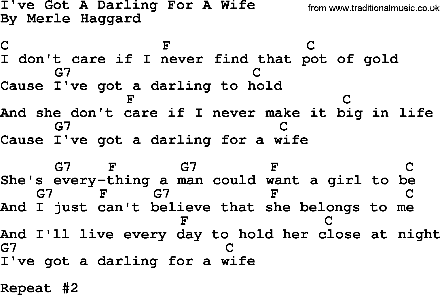 Merle Haggard song: I've Got A Darling For A Wife, lyrics and chords