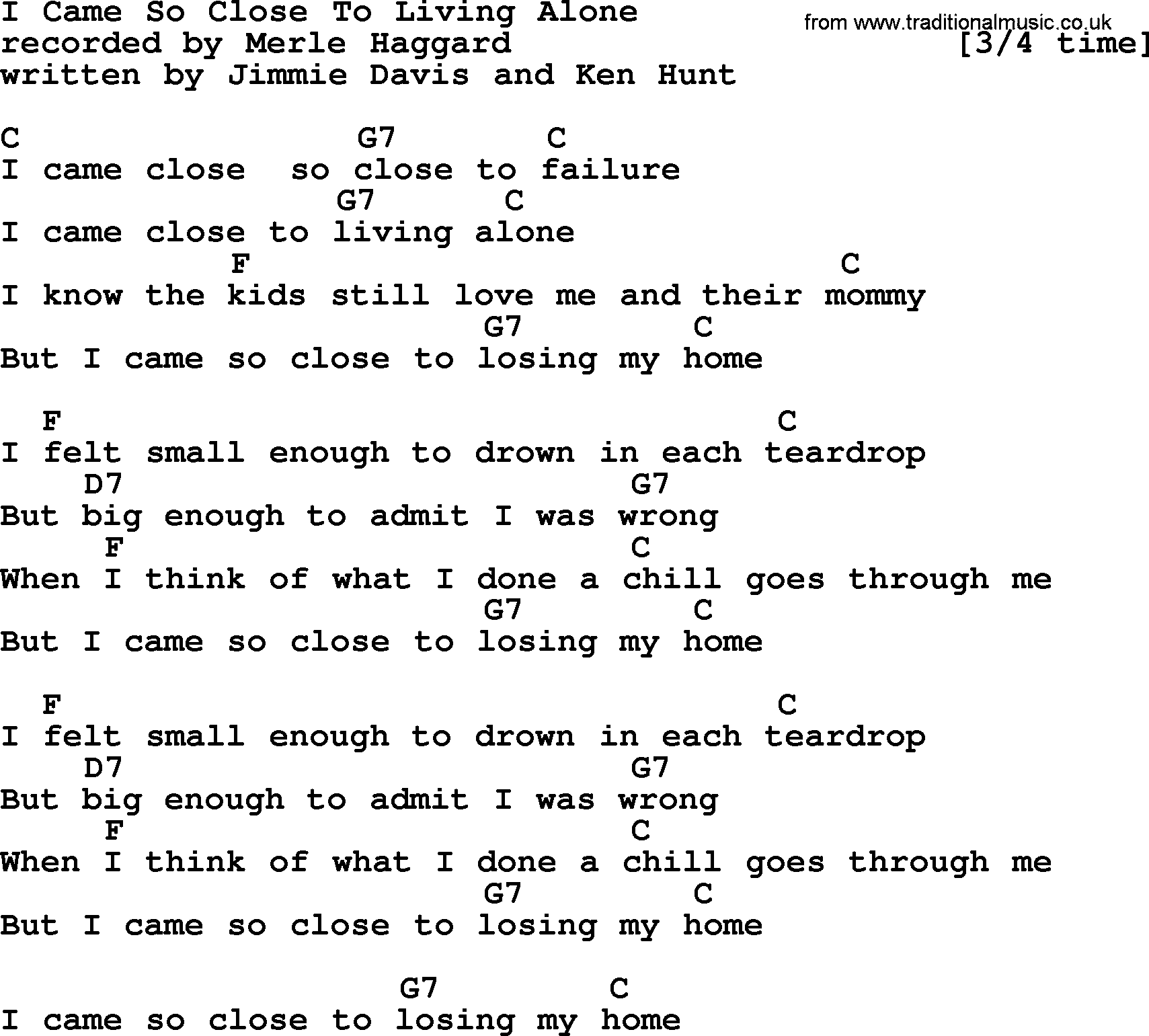 Merle Haggard song: I Came So Close To Living Alone, lyrics and chords