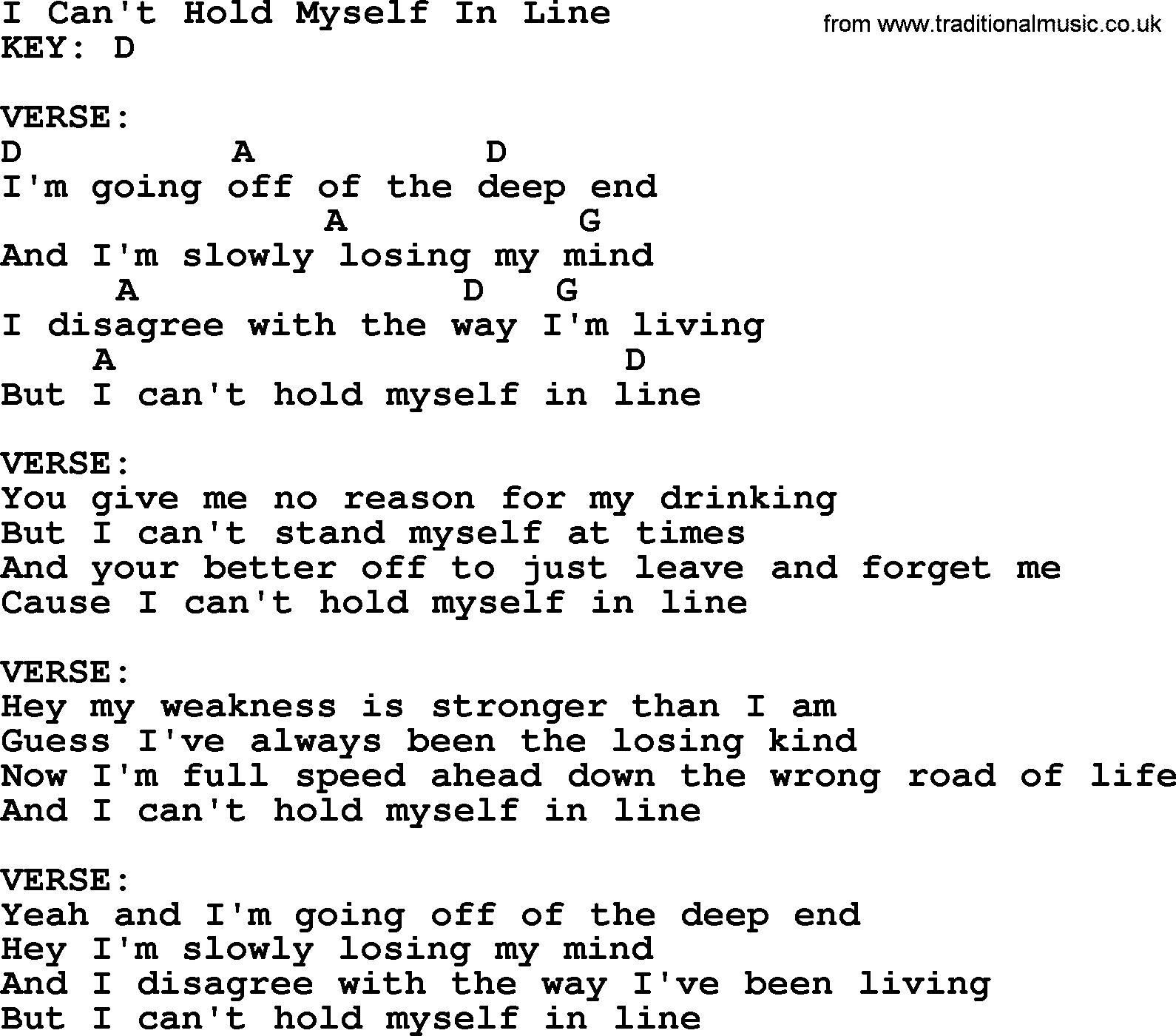 Merle Haggard song: I Can't Hold Myself In Line, lyrics and chords