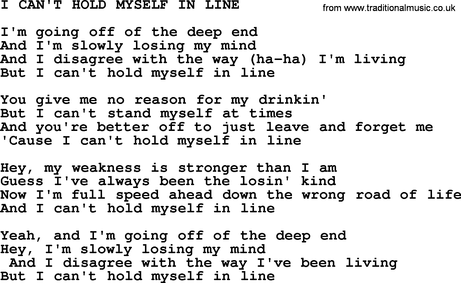 Merle Haggard song: I Can't Hold Myself In Line, lyrics.