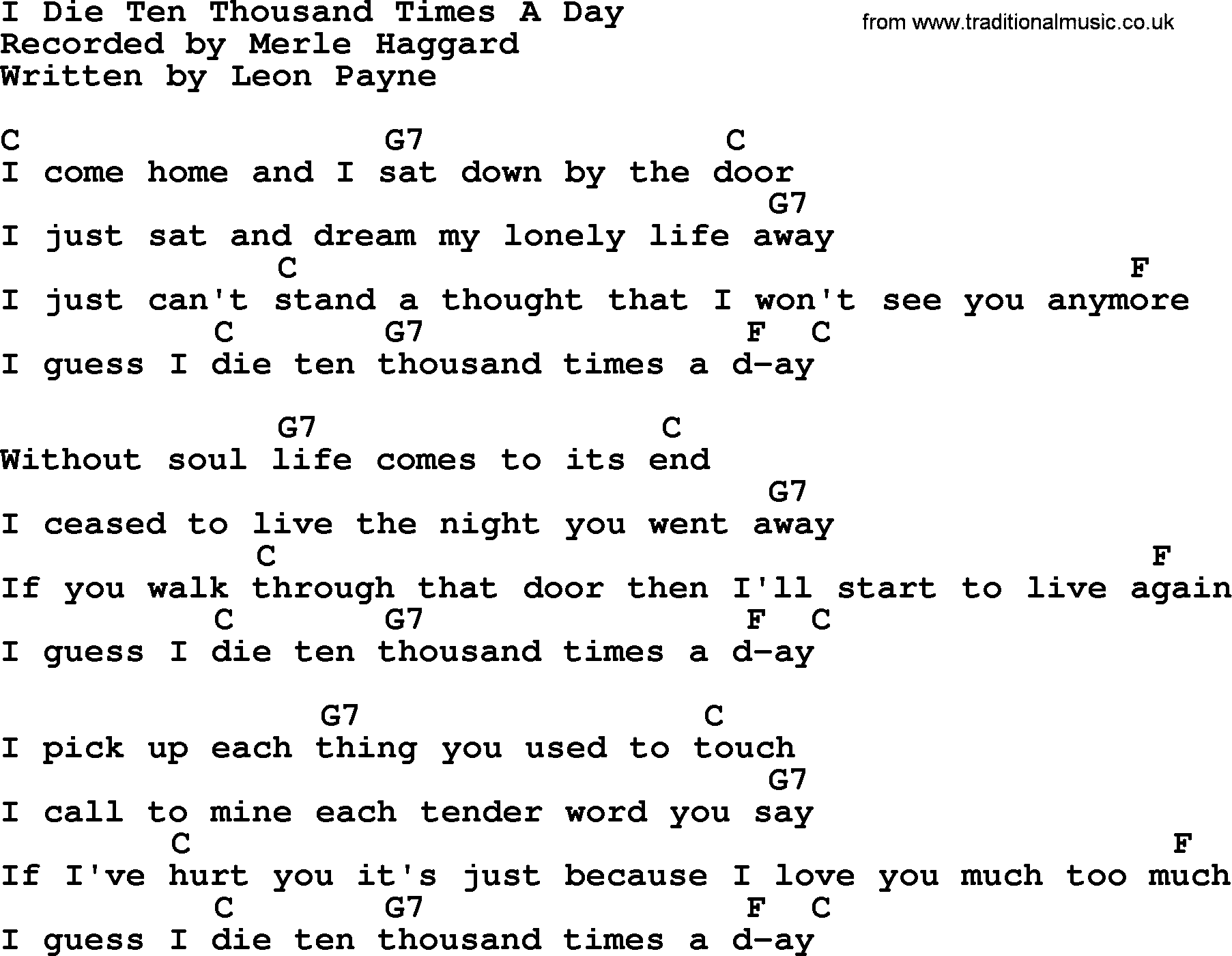Merle Haggard song: I Die Ten Thousand Times A Day, lyrics and chords