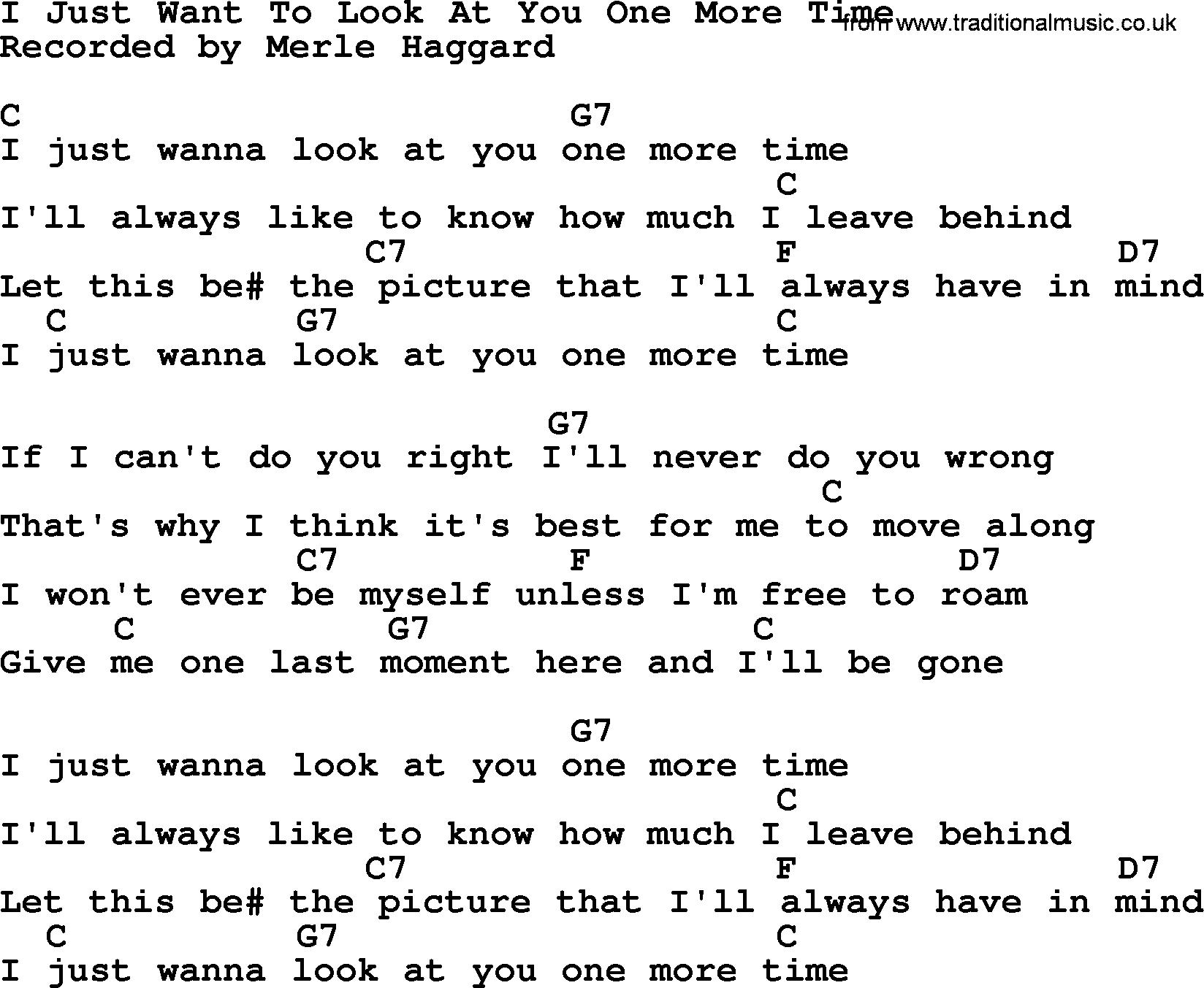 Merle Haggard song: I Just Want To Look At You One More Time, lyrics and chords