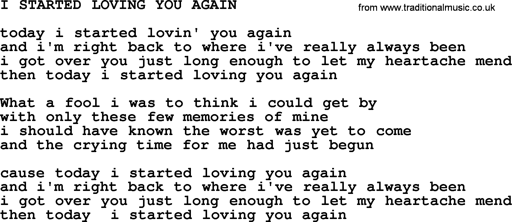 Merle Haggard song: I Started Loving You Again, lyrics.