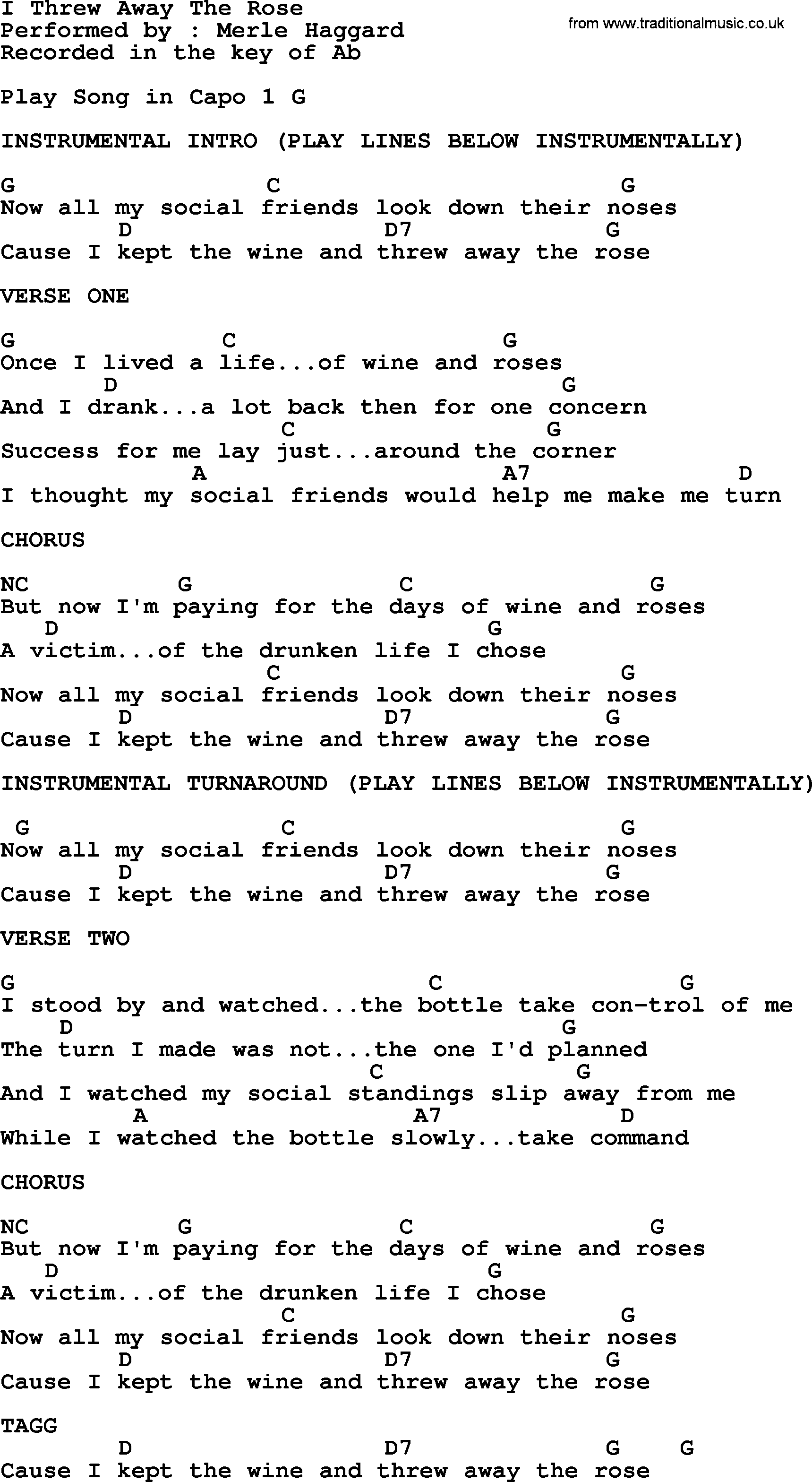 Merle Haggard song: I Threw Away The Rose, lyrics and chords
