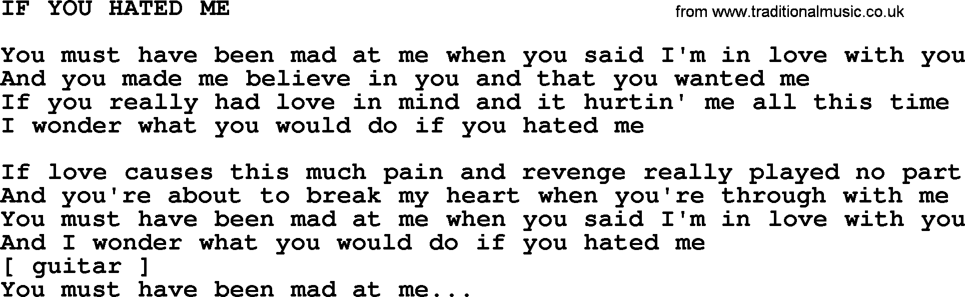 Merle Haggard song: If You Hated Me, lyrics.