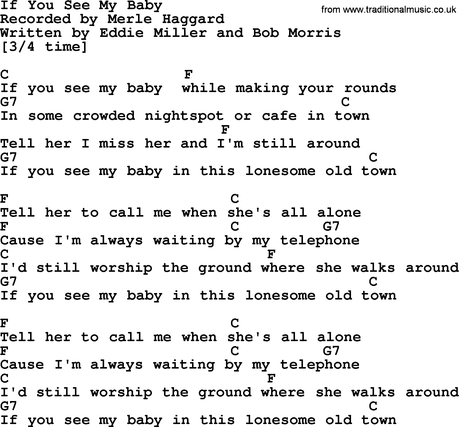 Merle Haggard song: If You See My Baby, lyrics and chords