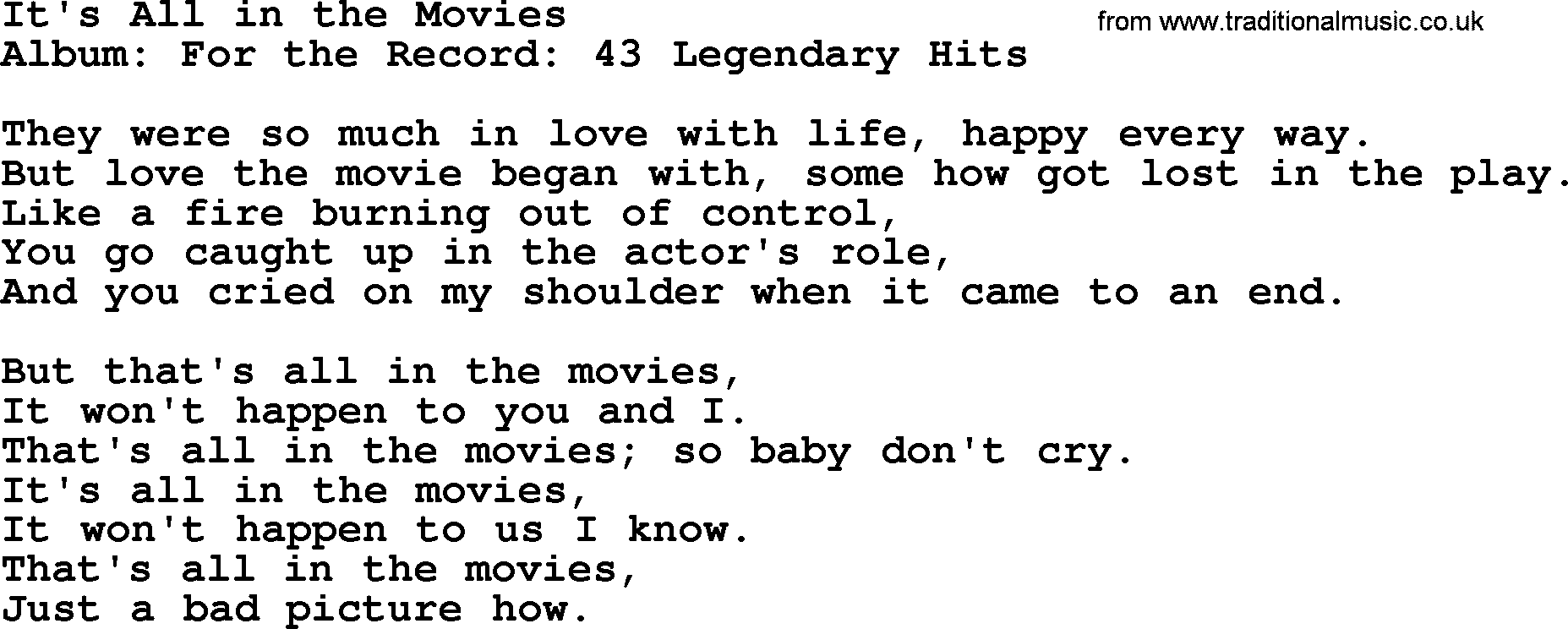 Merle Haggard song: It's All In The Movies, lyrics.