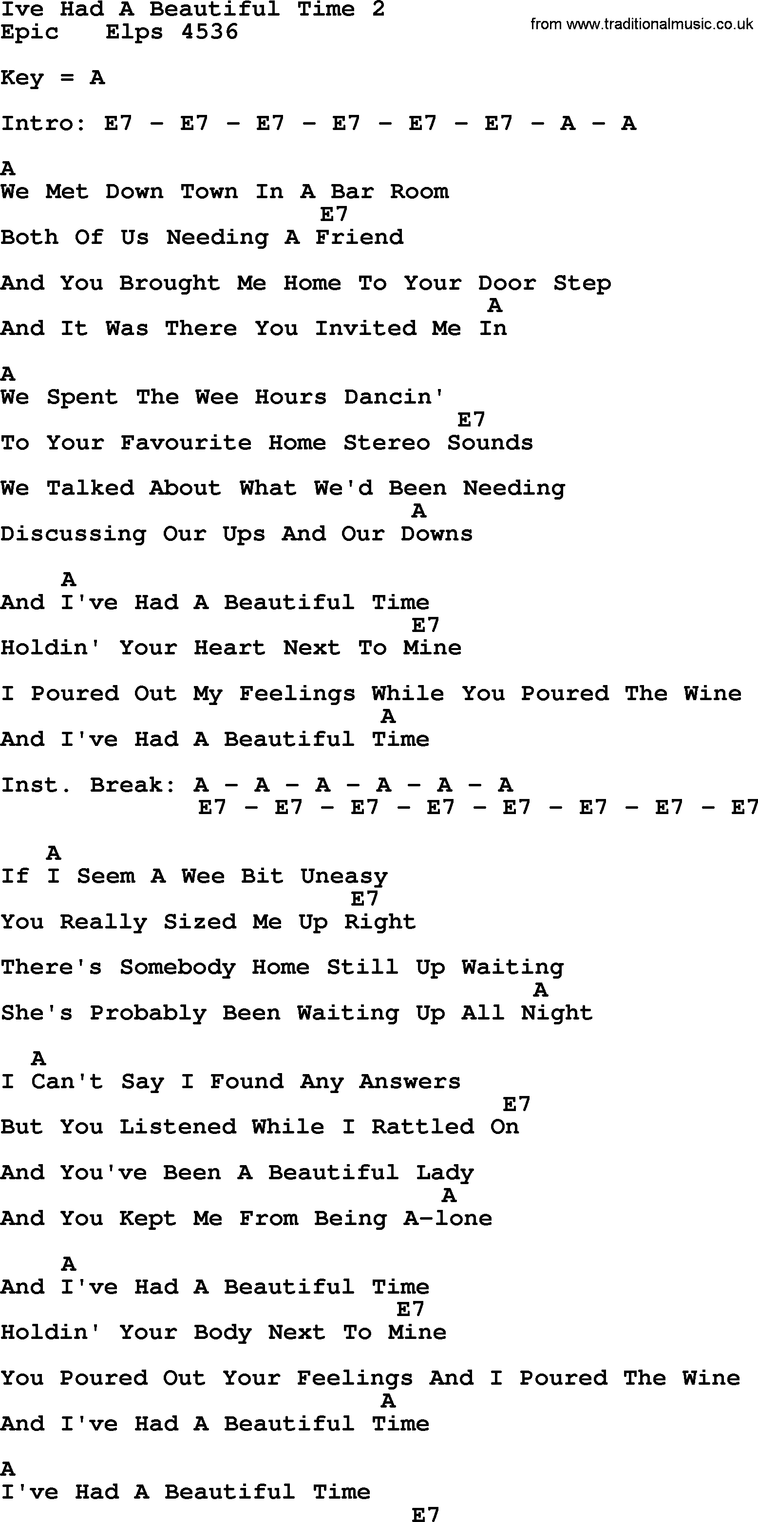 Merle Haggard song: Ive Had A Beautiful Time 2, lyrics and chords