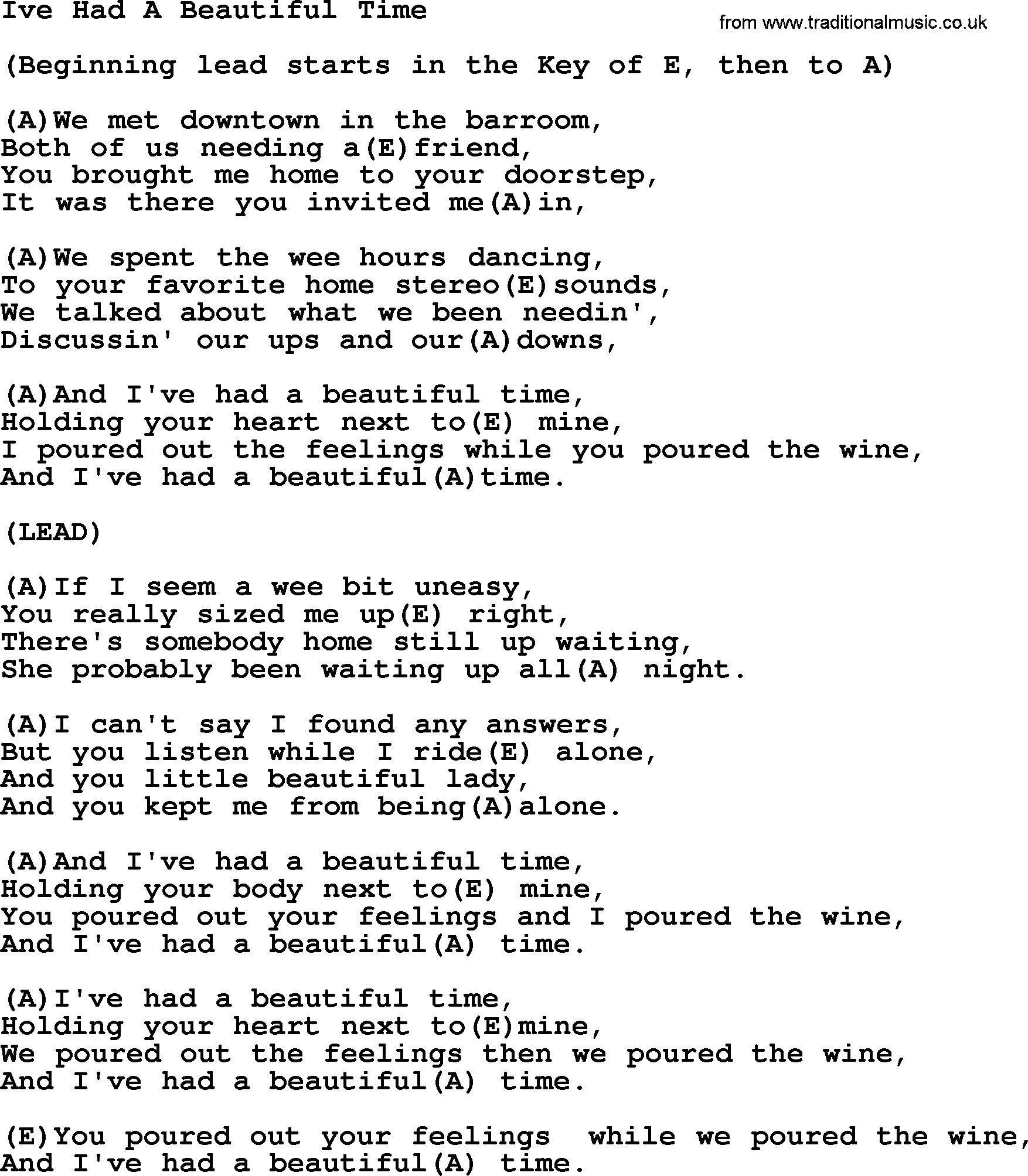 Merle Haggard song: Ive Had A Beautiful Time, lyrics and chords