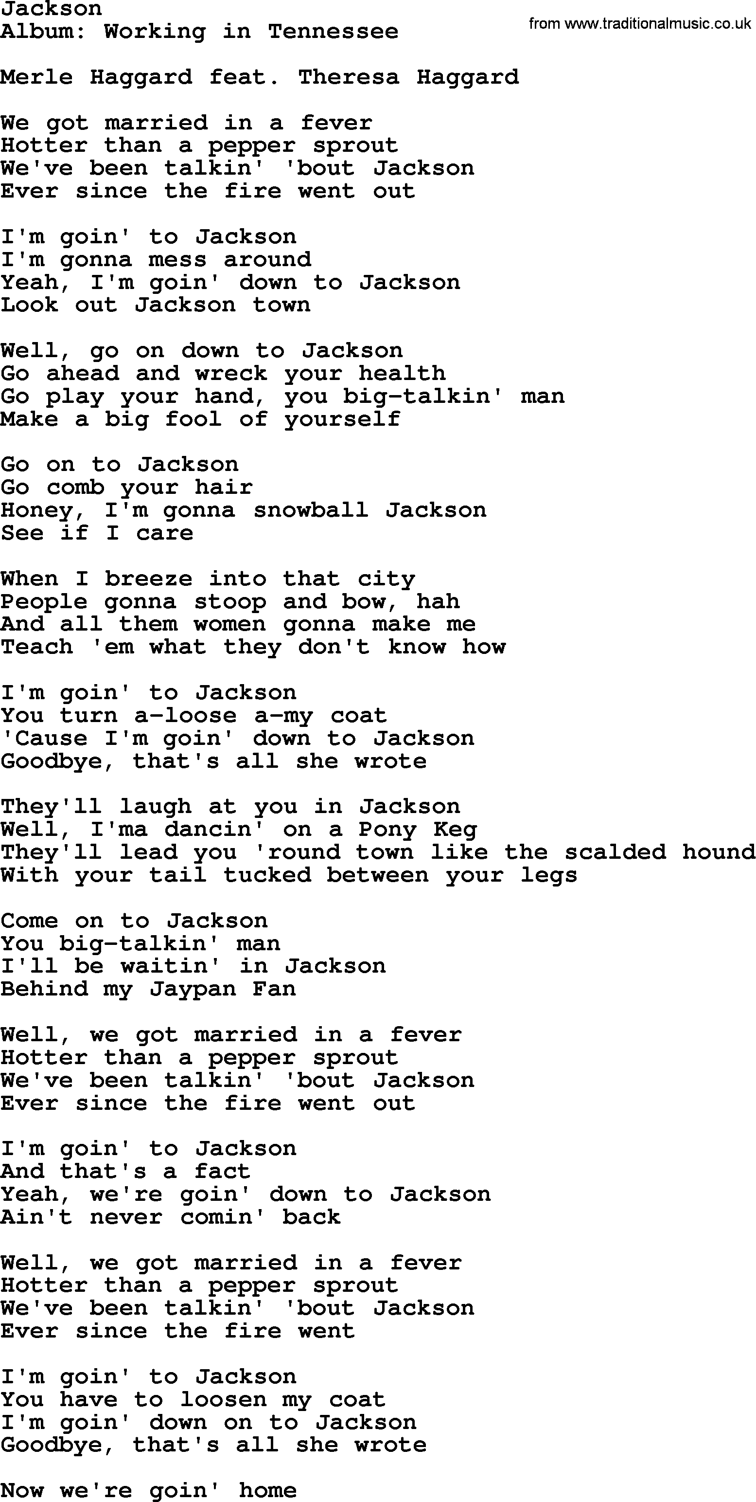 Merle Haggard song: Jackson, lyrics.