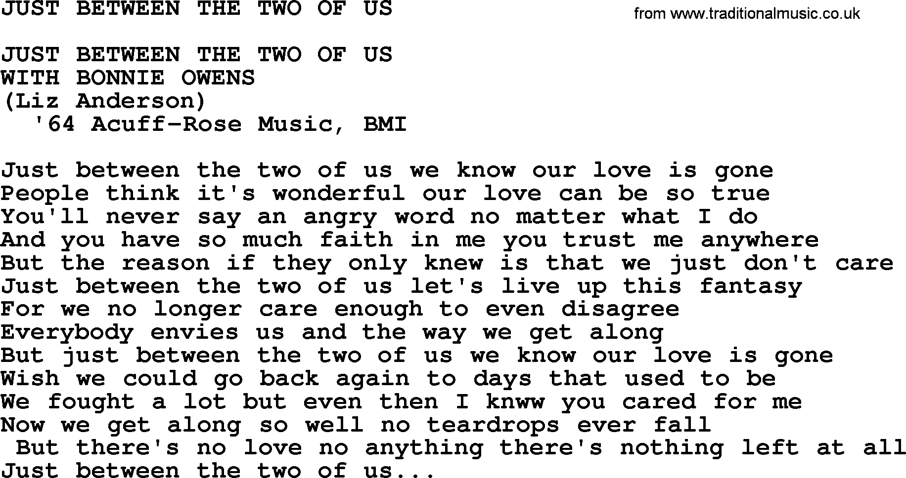 Merle Haggard song: Just Between The Two Of Us, lyrics.