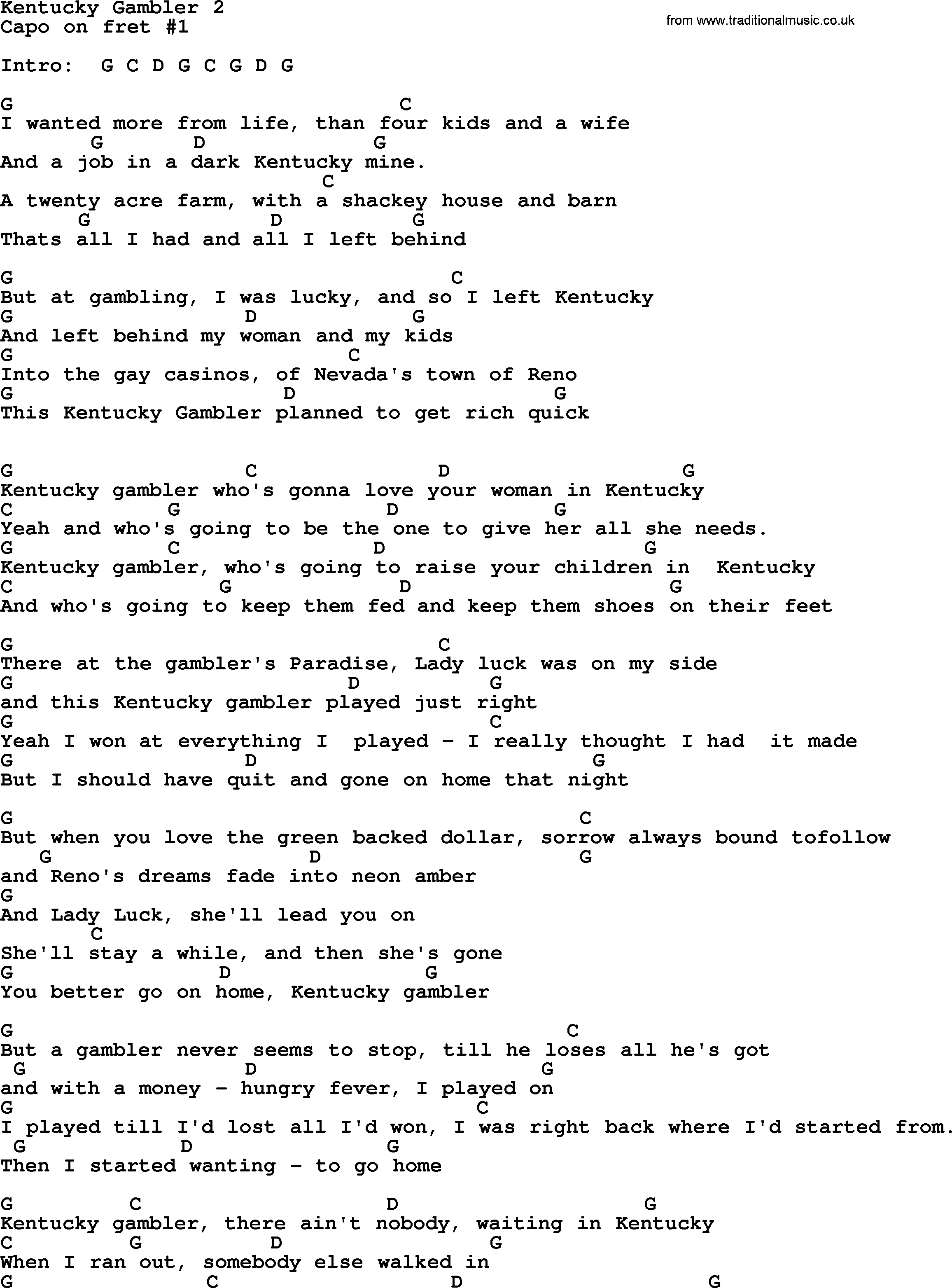 Merle Haggard song: Kentucky Gambler 2, lyrics and chords
