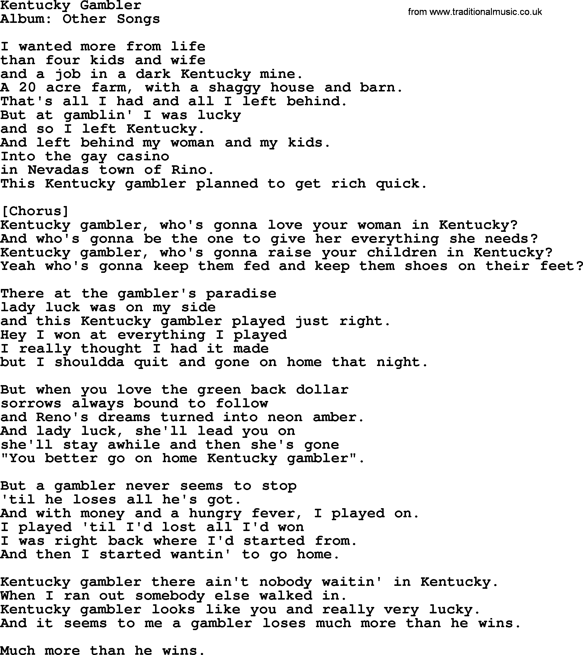 Merle Haggard song: Kentucky Gambler, lyrics.