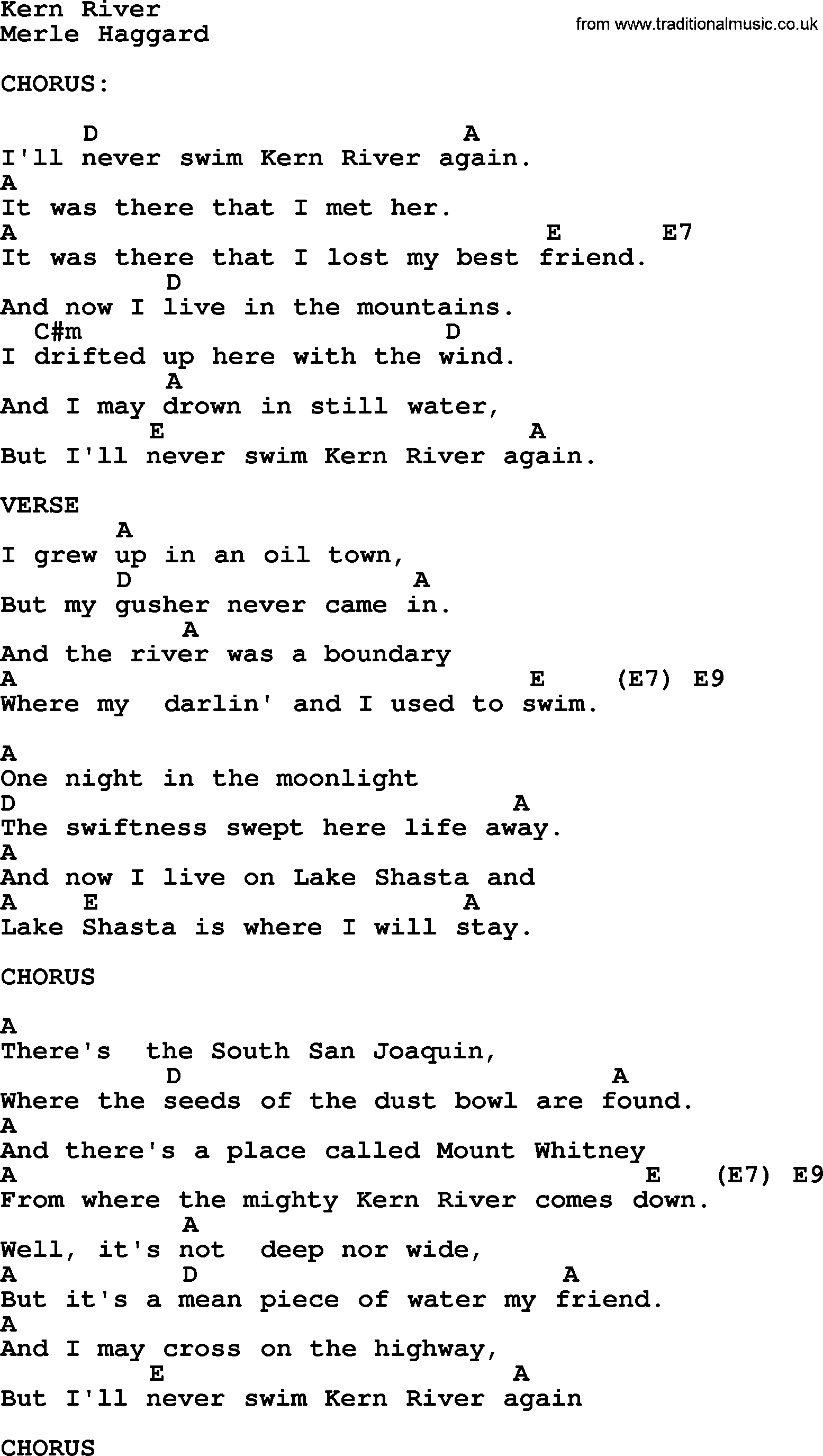 Merle Haggard song: Kern River, lyrics and chords