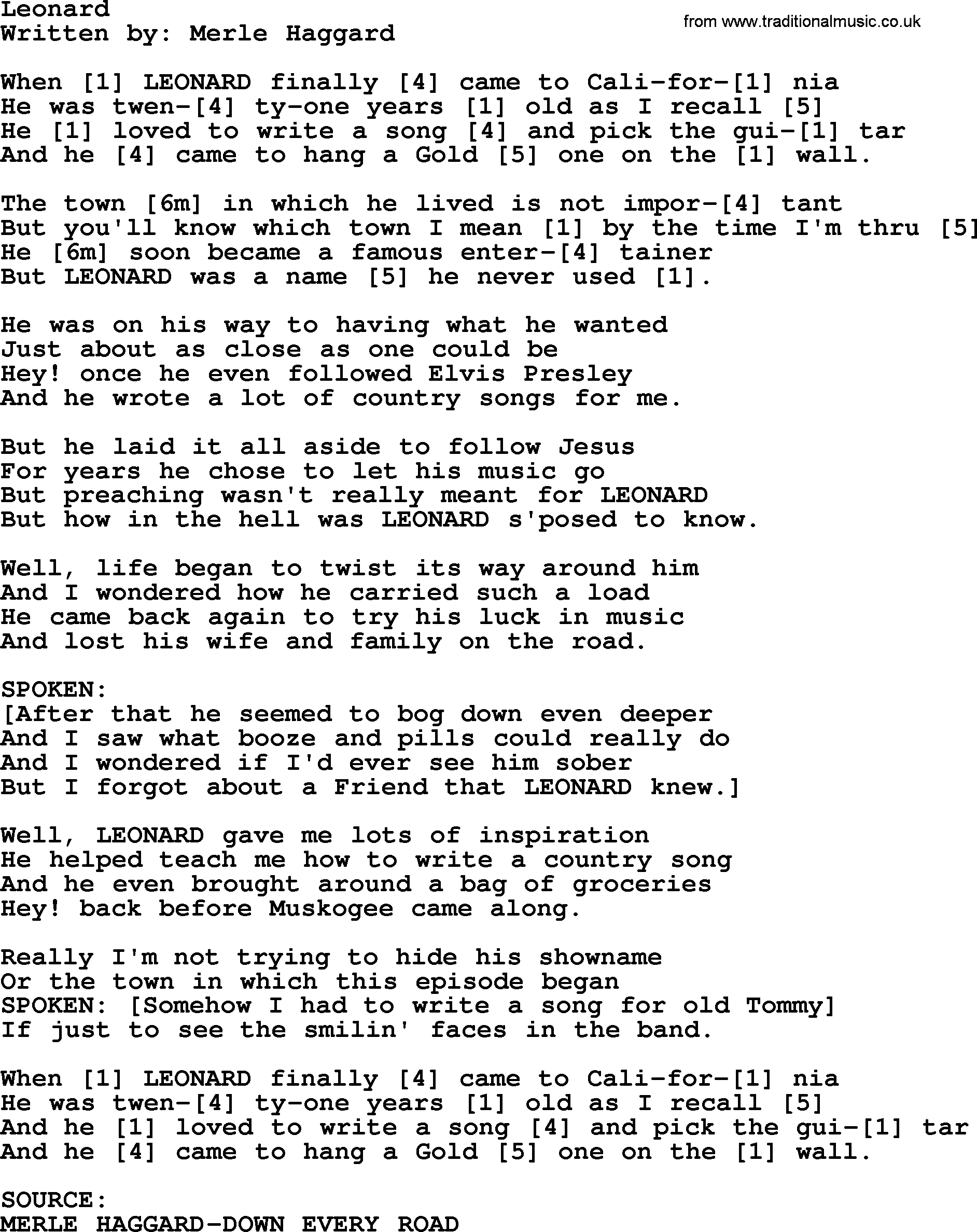 Merle Haggard song: Leonard, lyrics and chords