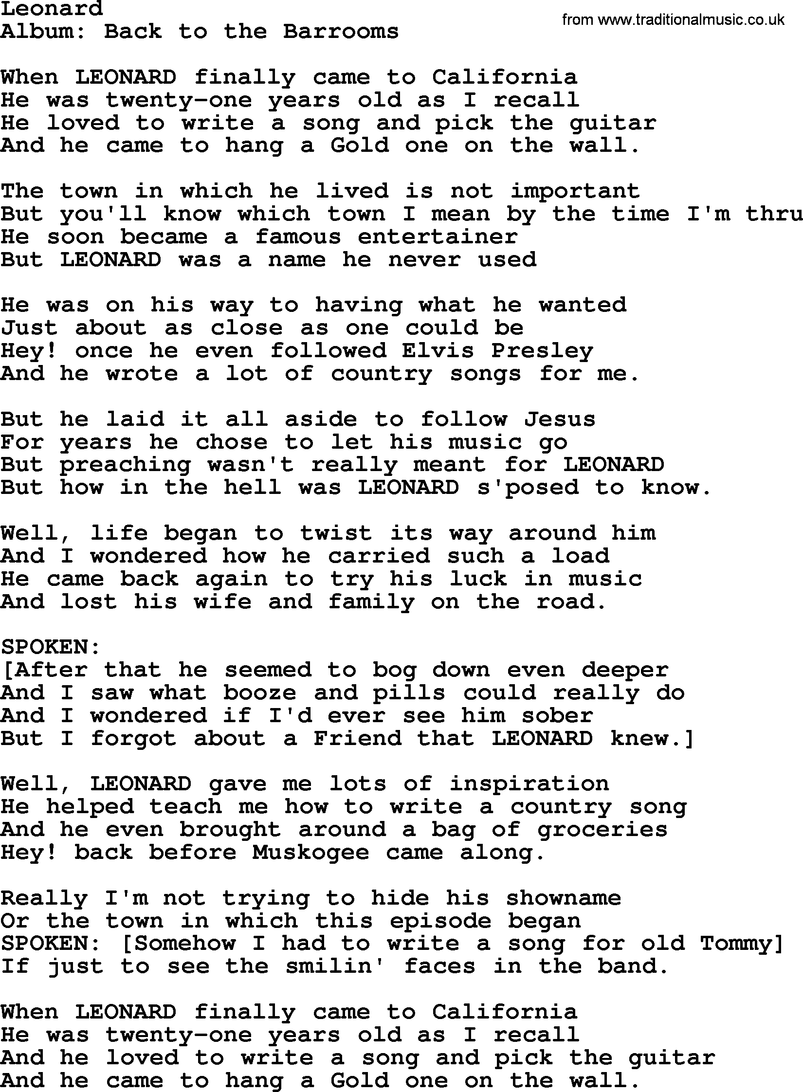 Merle Haggard song: Leonard, lyrics.