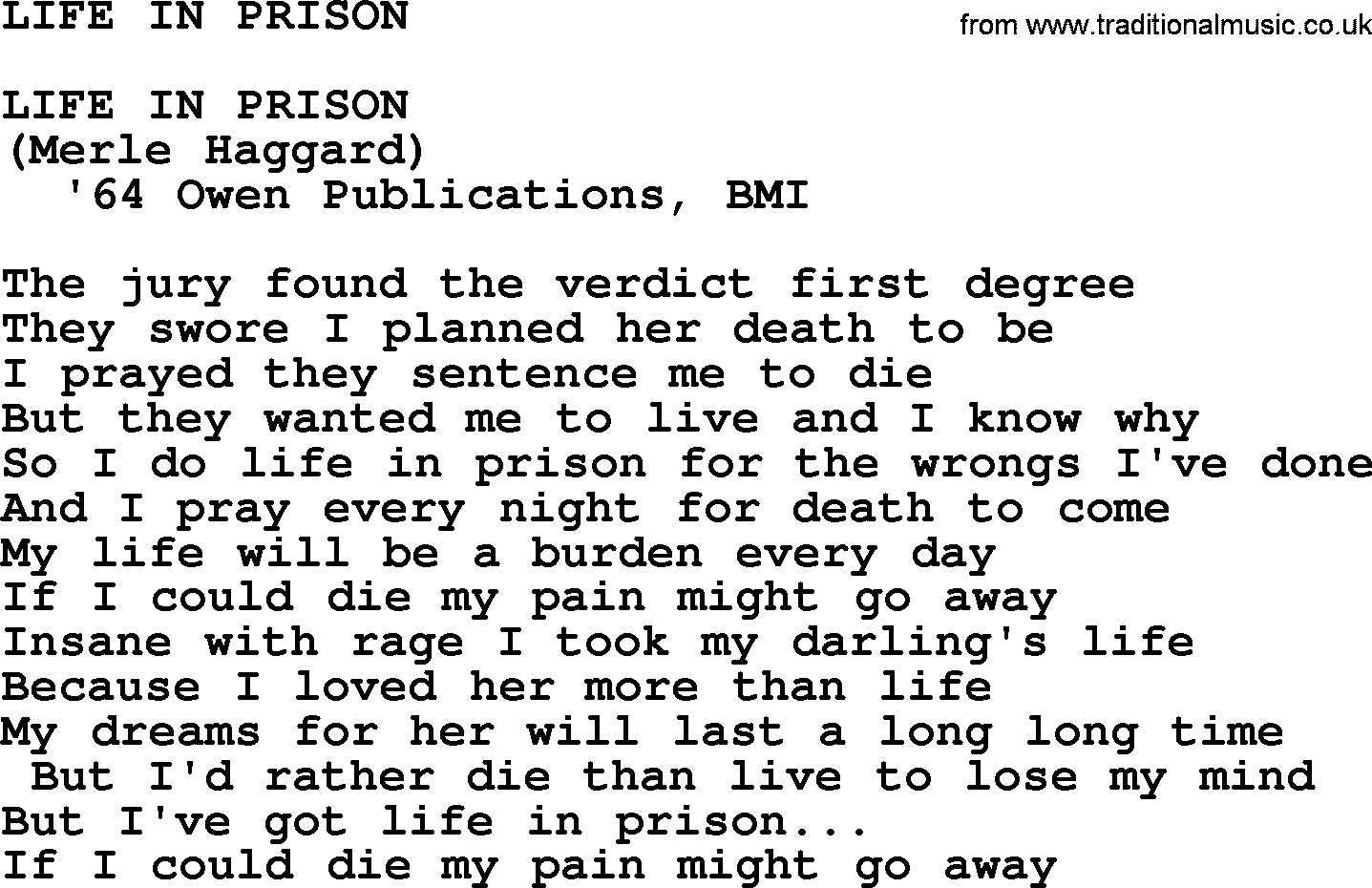 Merle Haggard song: Life In Prison, lyrics.