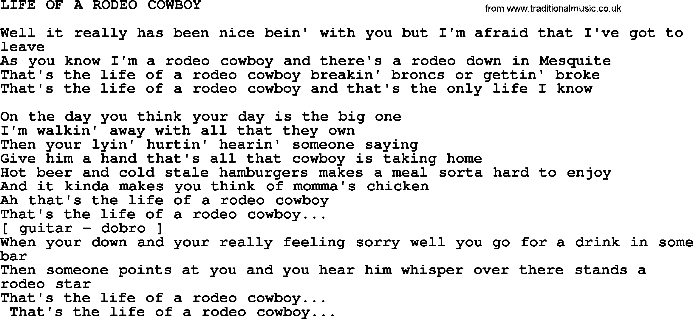 Merle Haggard song: Life Of A Rodeo Cowboy, lyrics.