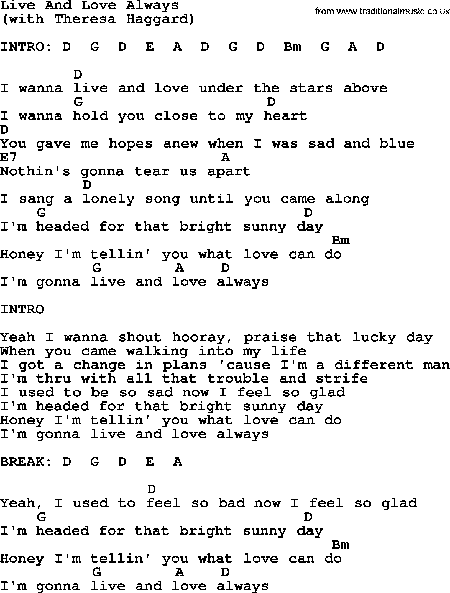 Merle Haggard song: Live And Love Always, lyrics and chords