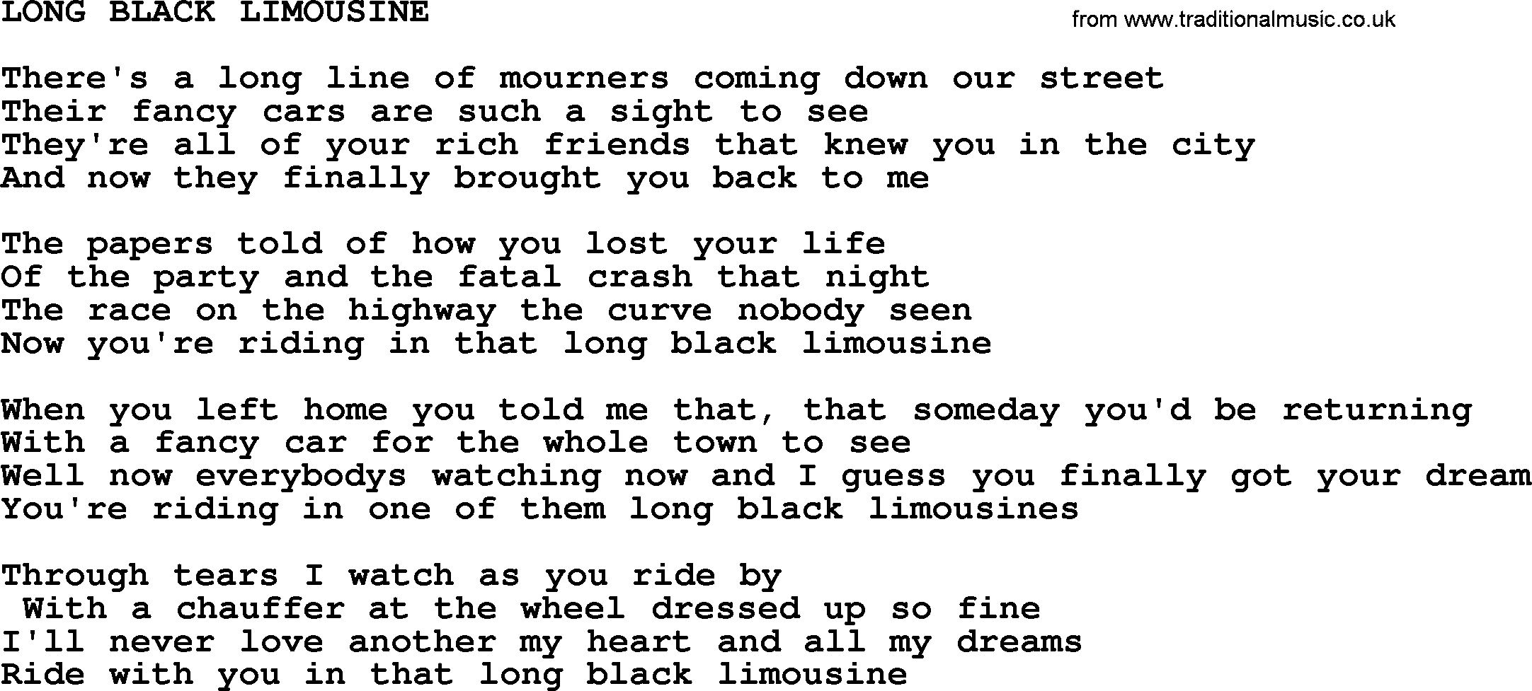 Merle Haggard song: Long Black Limousine, lyrics.
