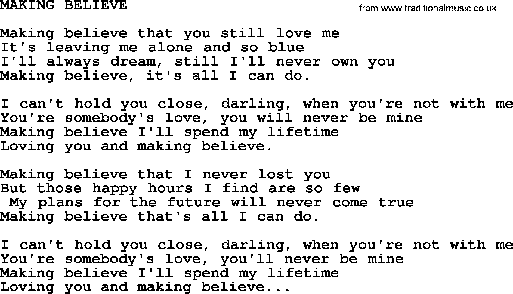 Merle Haggard song: Making Believe, lyrics.