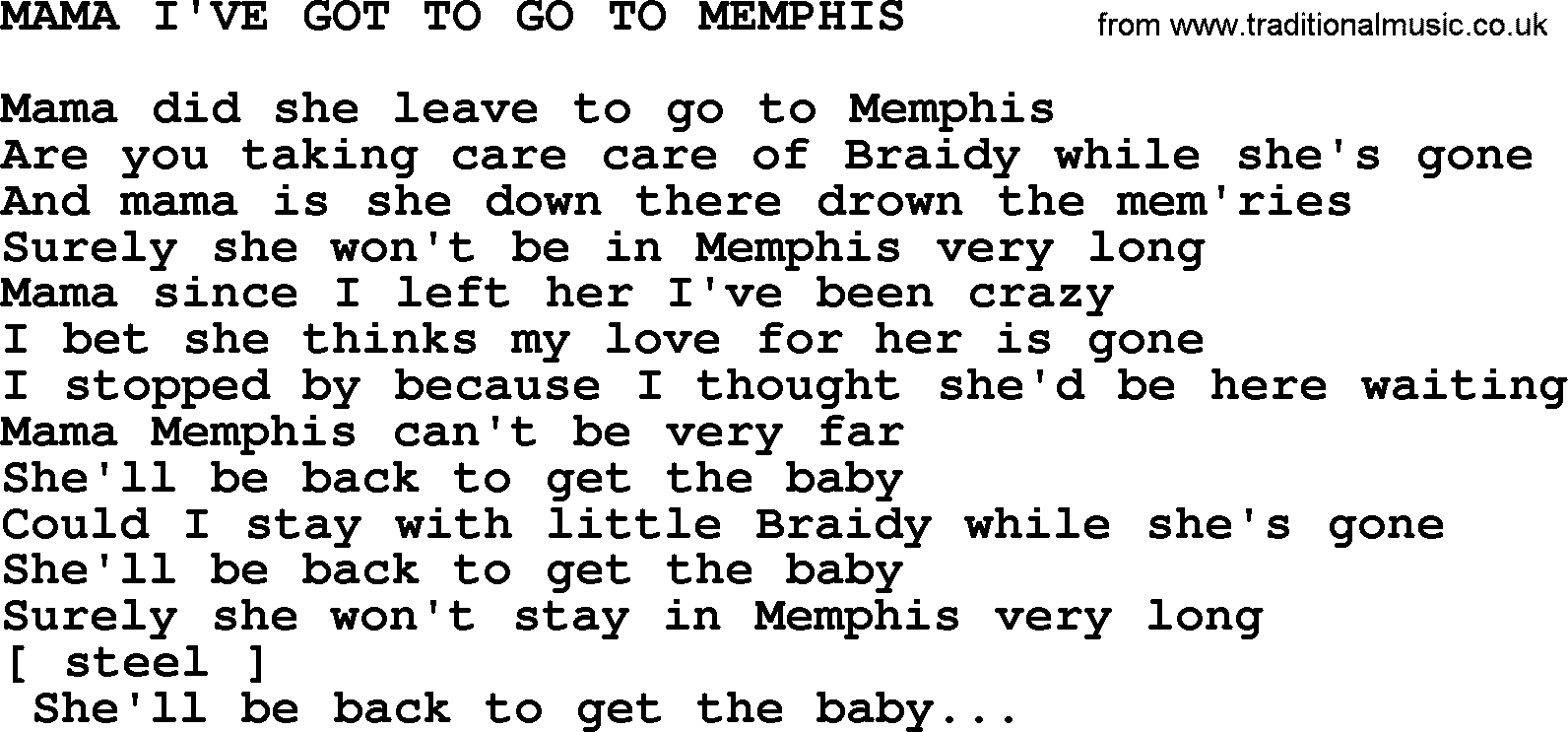 Merle Haggard song: Mama I've Got To Go To Memphis, lyrics.
