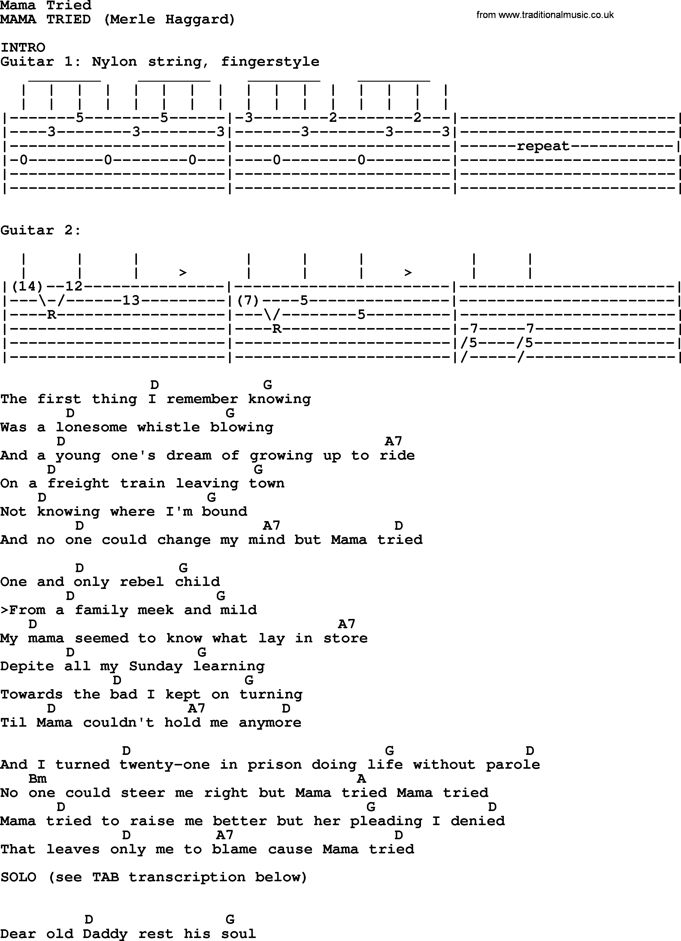 Merle Haggard song: Mama Tried, lyrics and chords