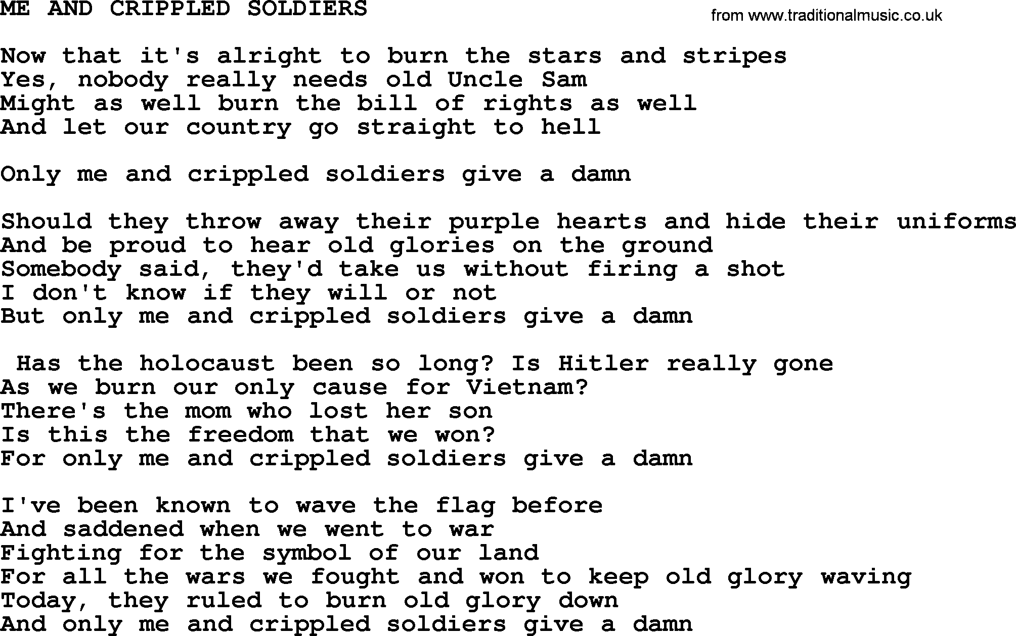 Merle Haggard song: Me And Crippled Soldiers, lyrics.