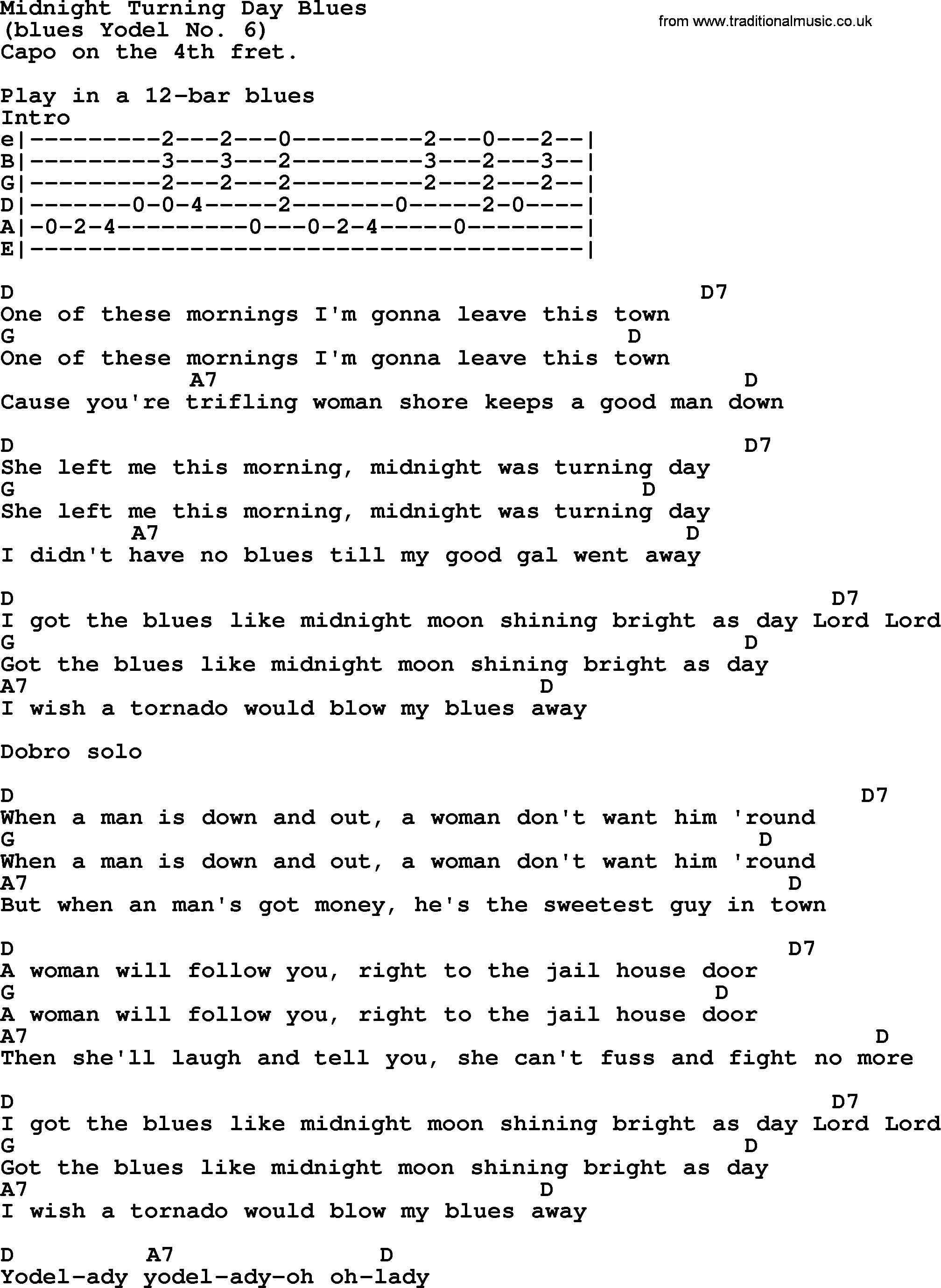 Merle Haggard song: Midnight Turning Day Blues, lyrics and chords