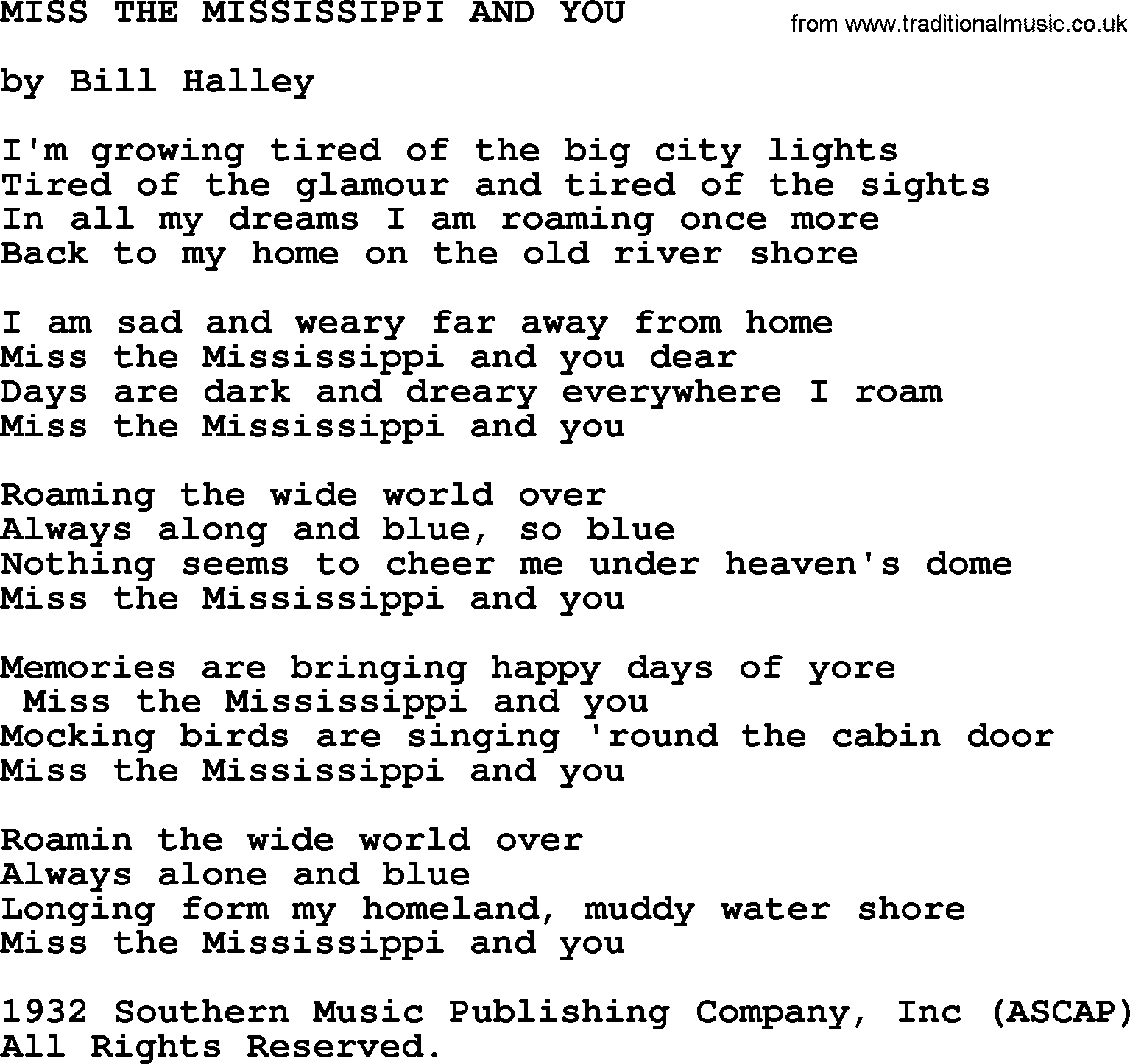 Merle Haggard song: Miss The Mississippi And You, lyrics.