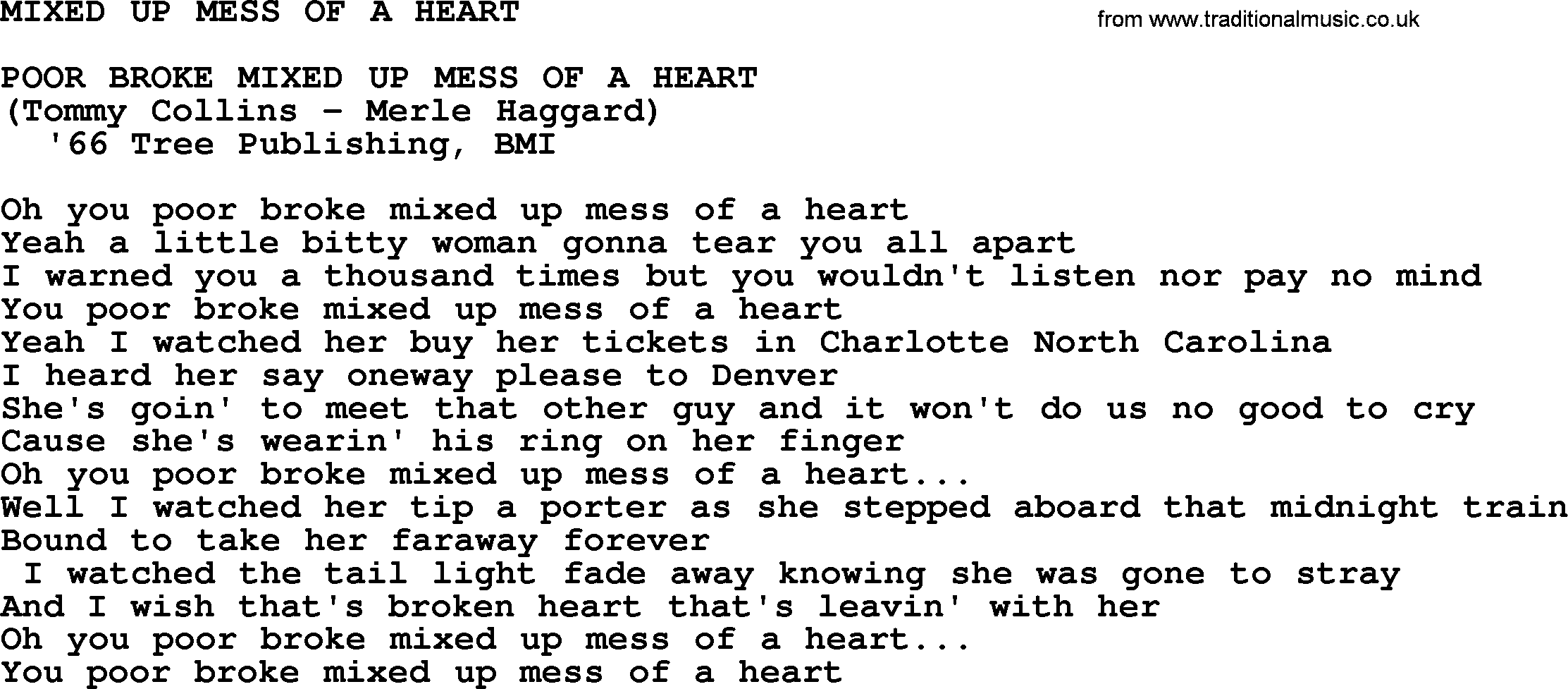 Merle Haggard song: Mixed Up Mess Of A Heart, lyrics.