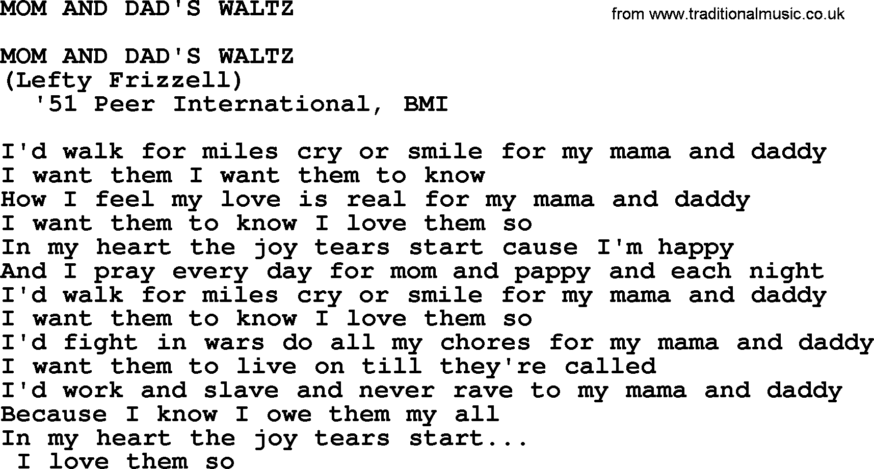 Merle Haggard song: Mom And Dad's Waltz, lyrics.