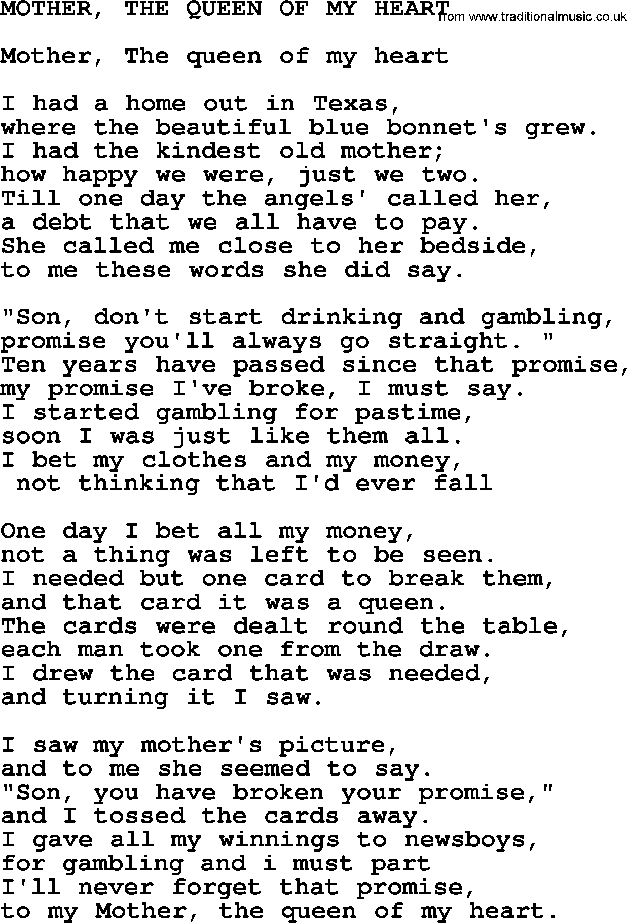 Merle Haggard song: Mother, The Queen Of My Heart, lyrics.