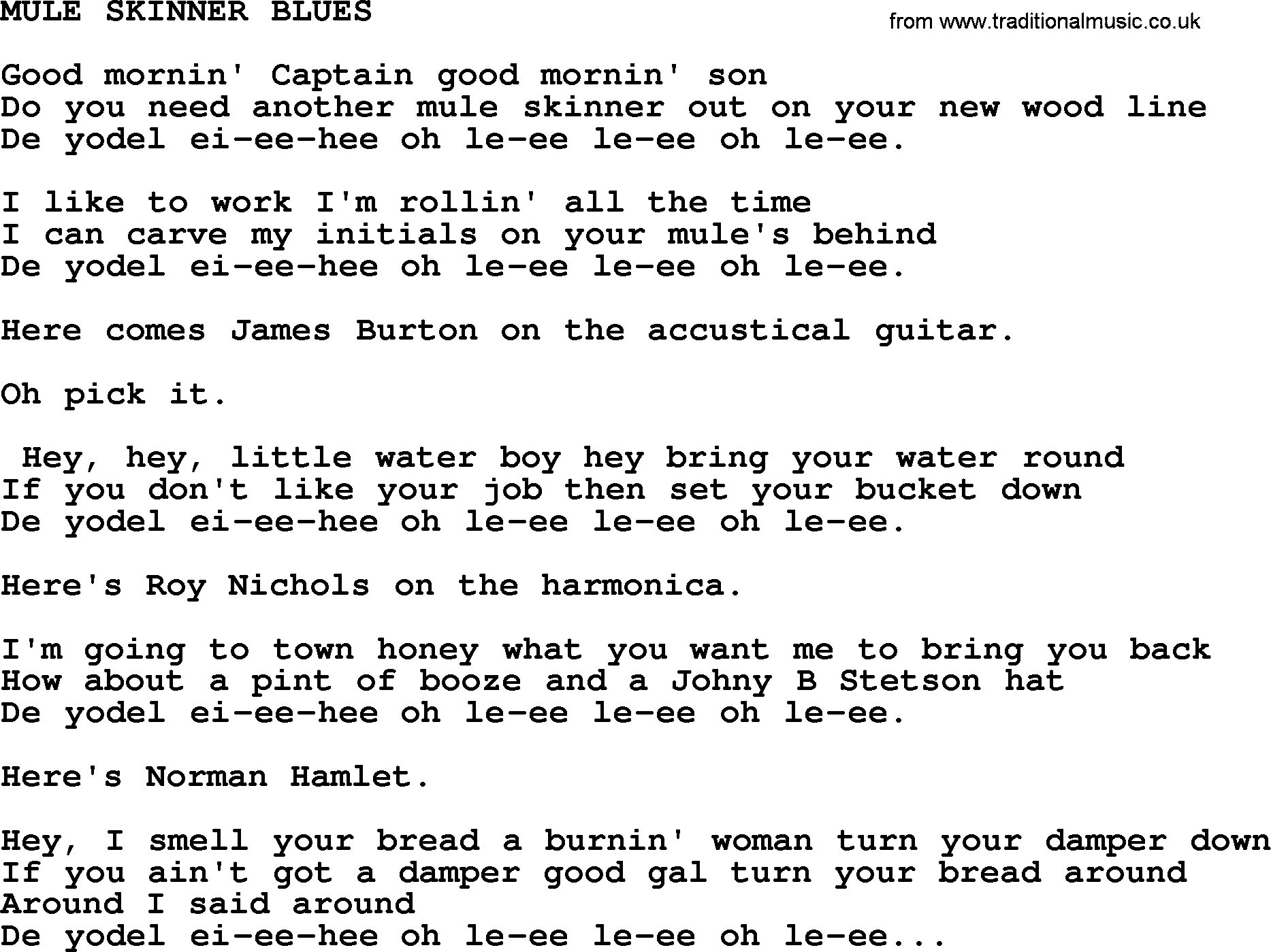 Merle Haggard song: Mule Skinner Blues, lyrics.