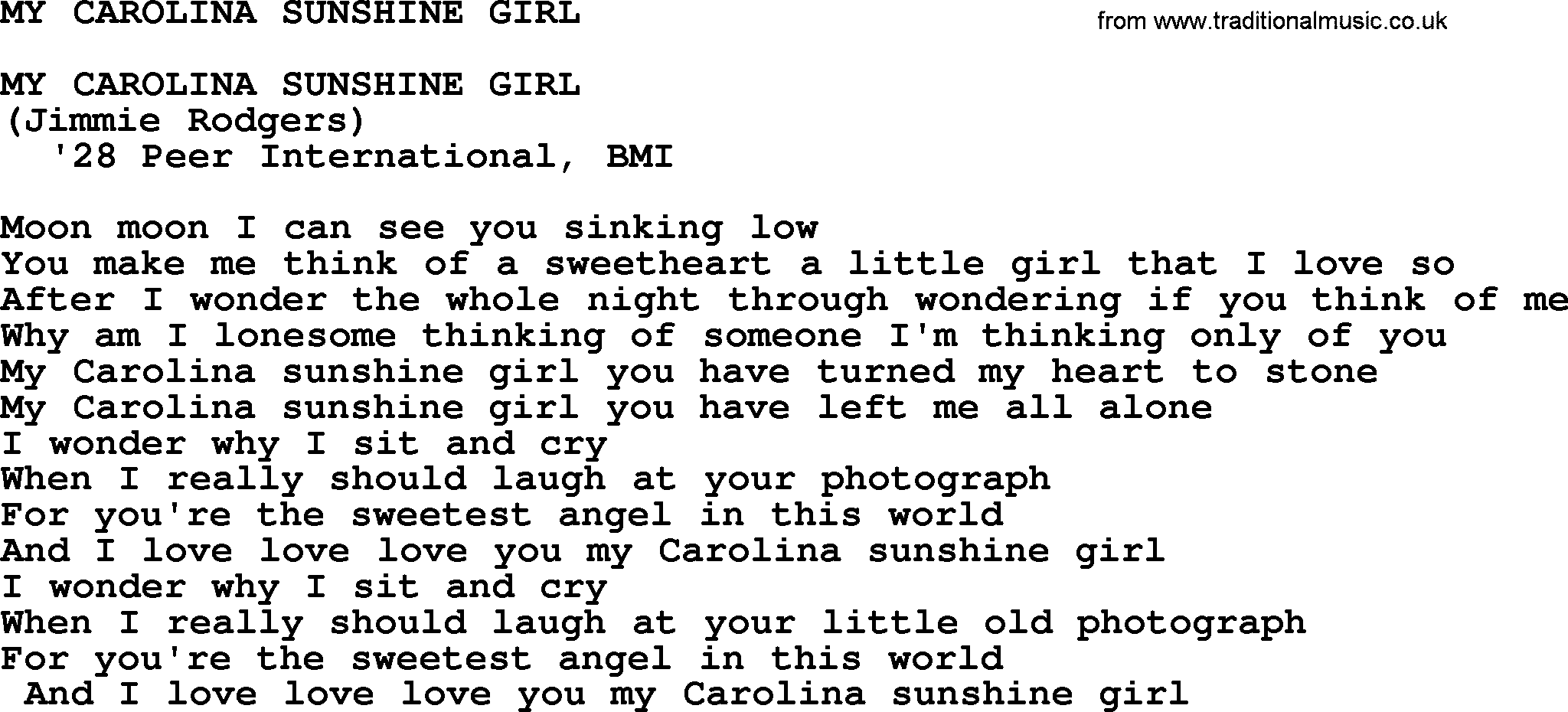 Merle Haggard song: My Carolina Sunshine Girl, lyrics.