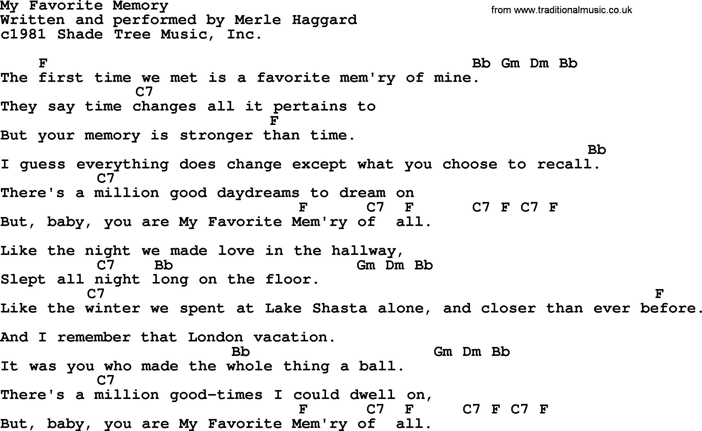 Merle Haggard song: My Favorite Memory, lyrics and chords