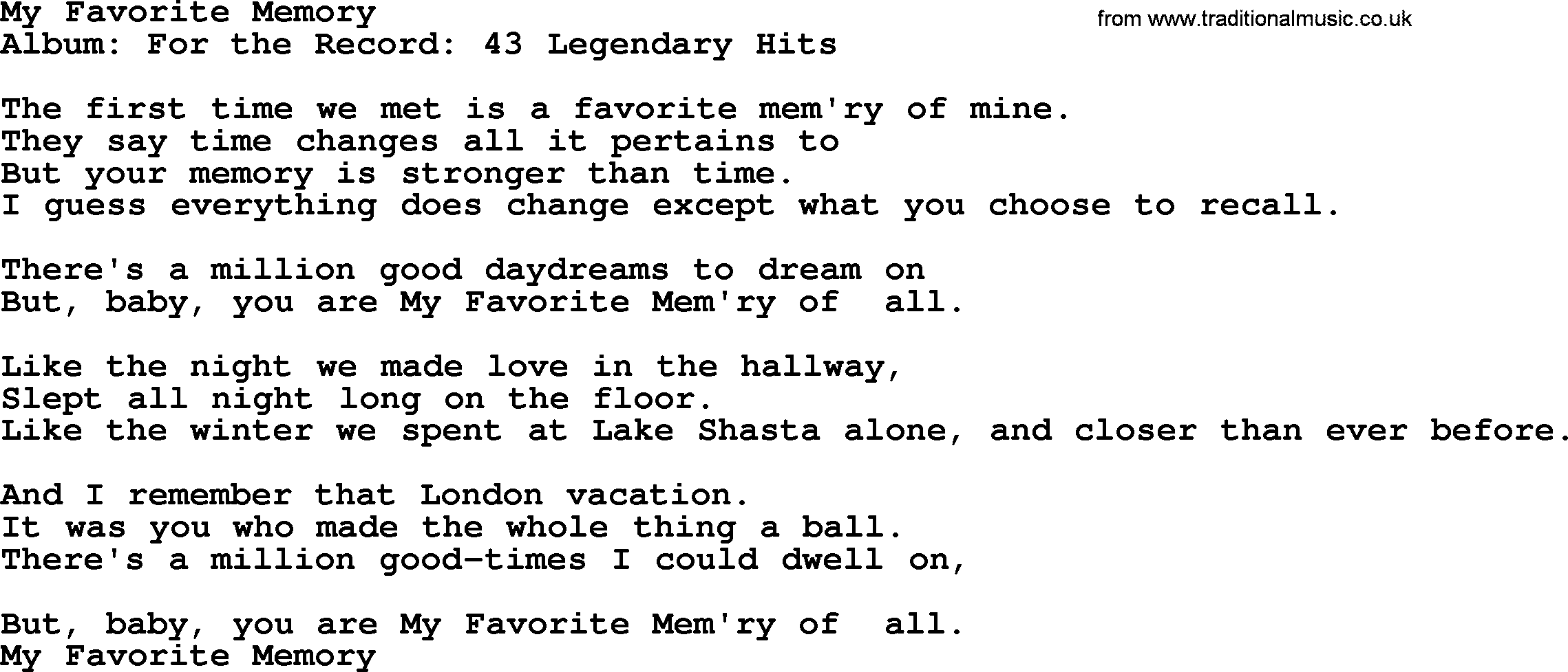 Merle Haggard song: My Favorite Memory, lyrics.