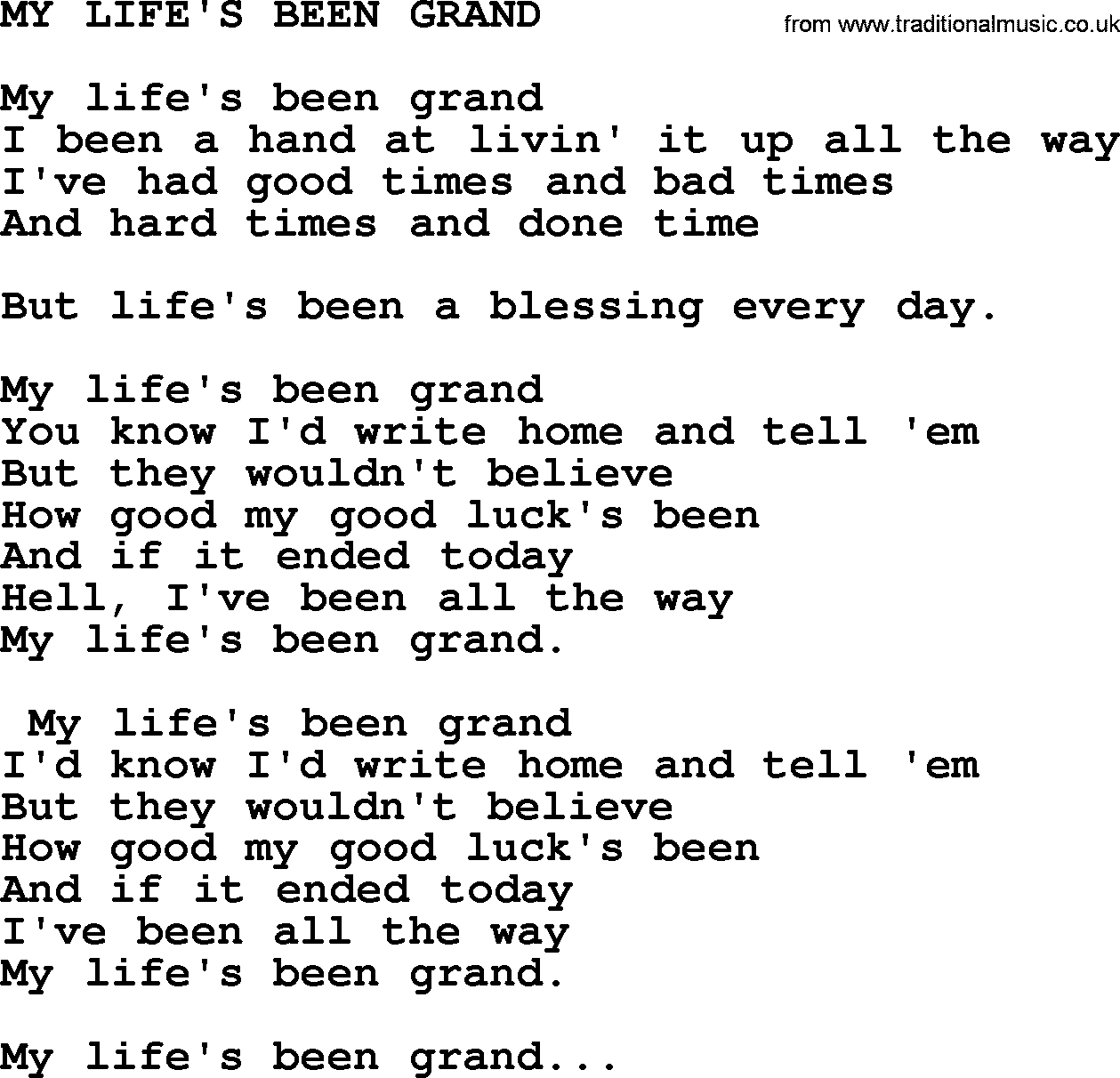 Merle Haggard song: My Life's Been Grand, lyrics.