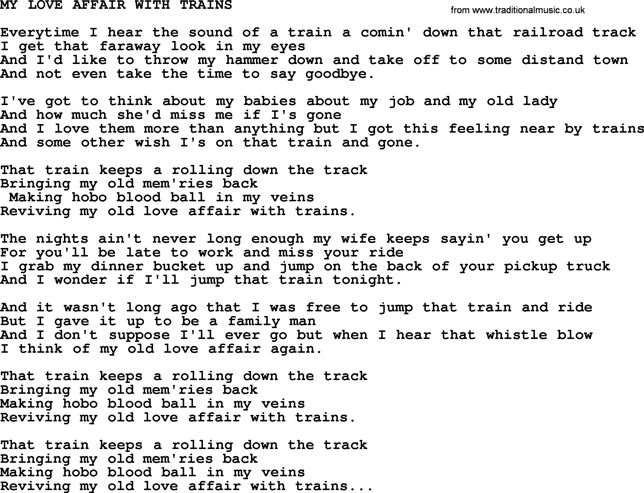 Merle Haggard song: My Love Affair With Trains, lyrics.