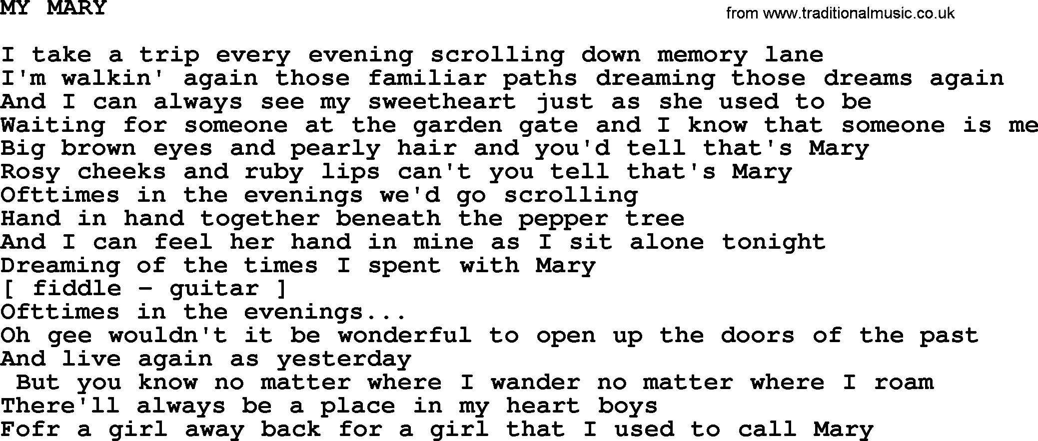 Merle Haggard song: My Mary, lyrics.