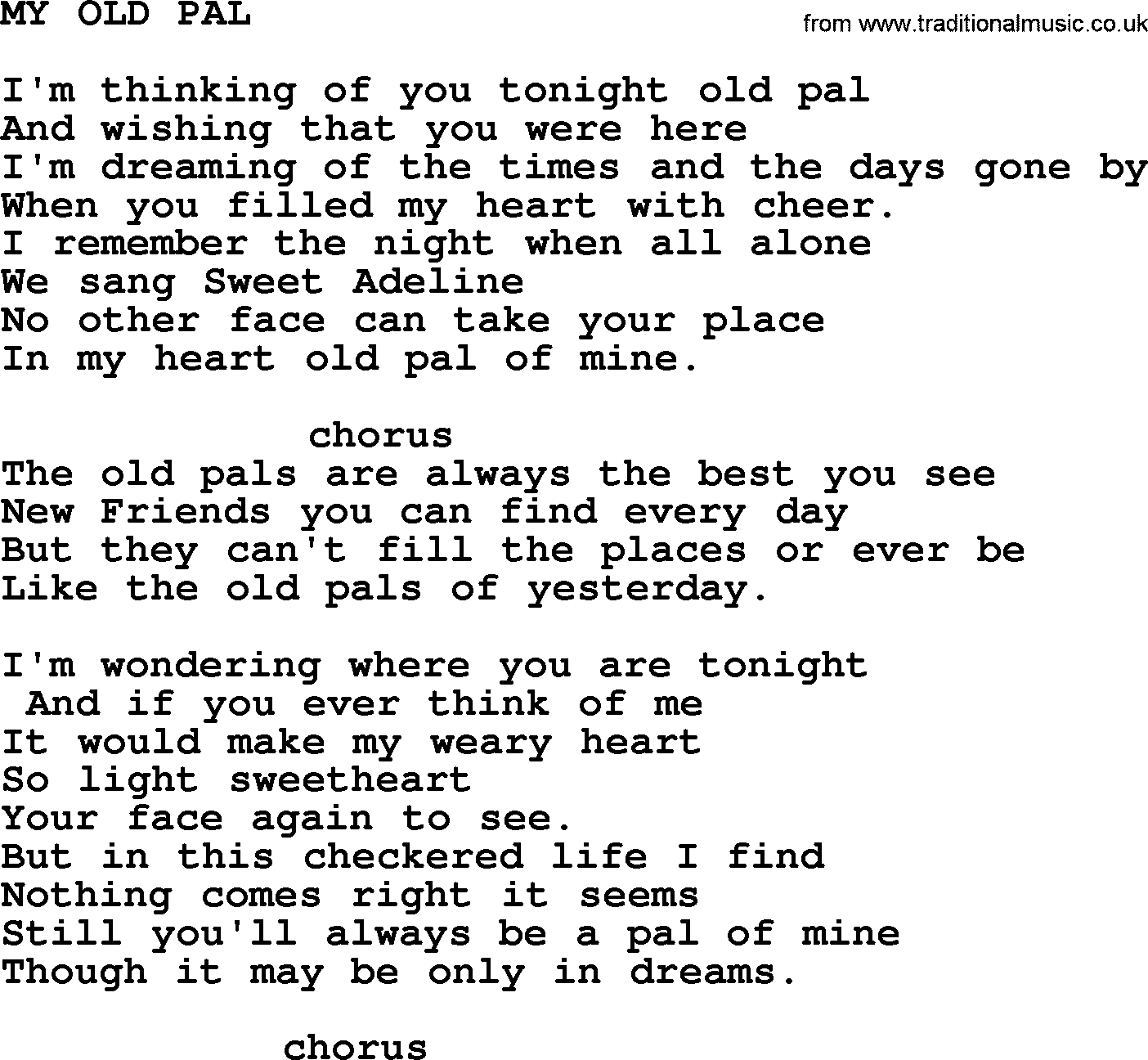 Merle Haggard song: My Old Pal, lyrics.