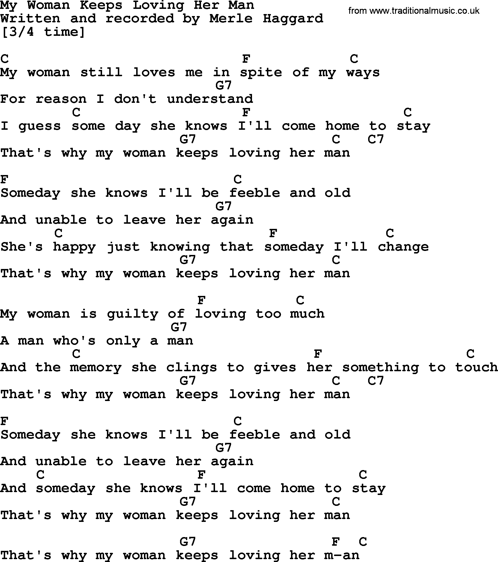 Merle Haggard song: My Woman Keeps Loving Her Man, lyrics and chords