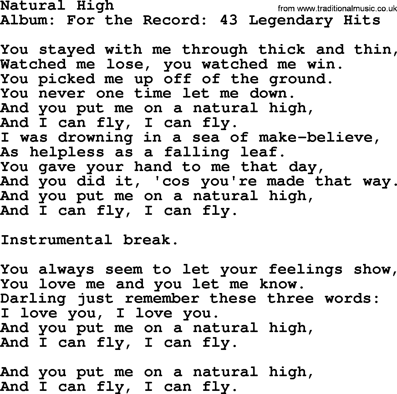 Merle Haggard song: Natural High, lyrics.
