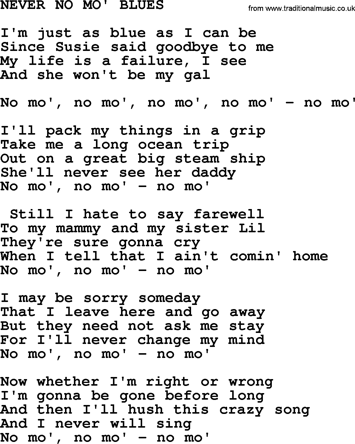 Merle Haggard song: Never No Mo' Blues, lyrics.